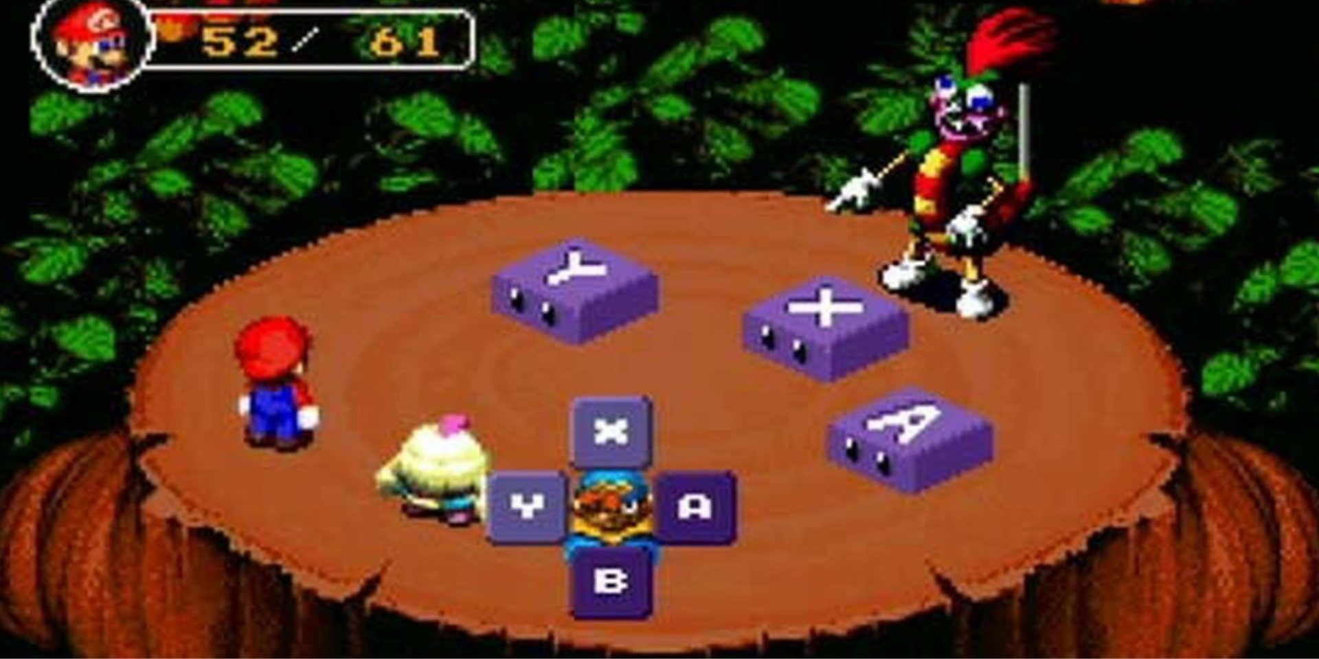 Mario, Geno, and Mallow do battle against Bowyer. 