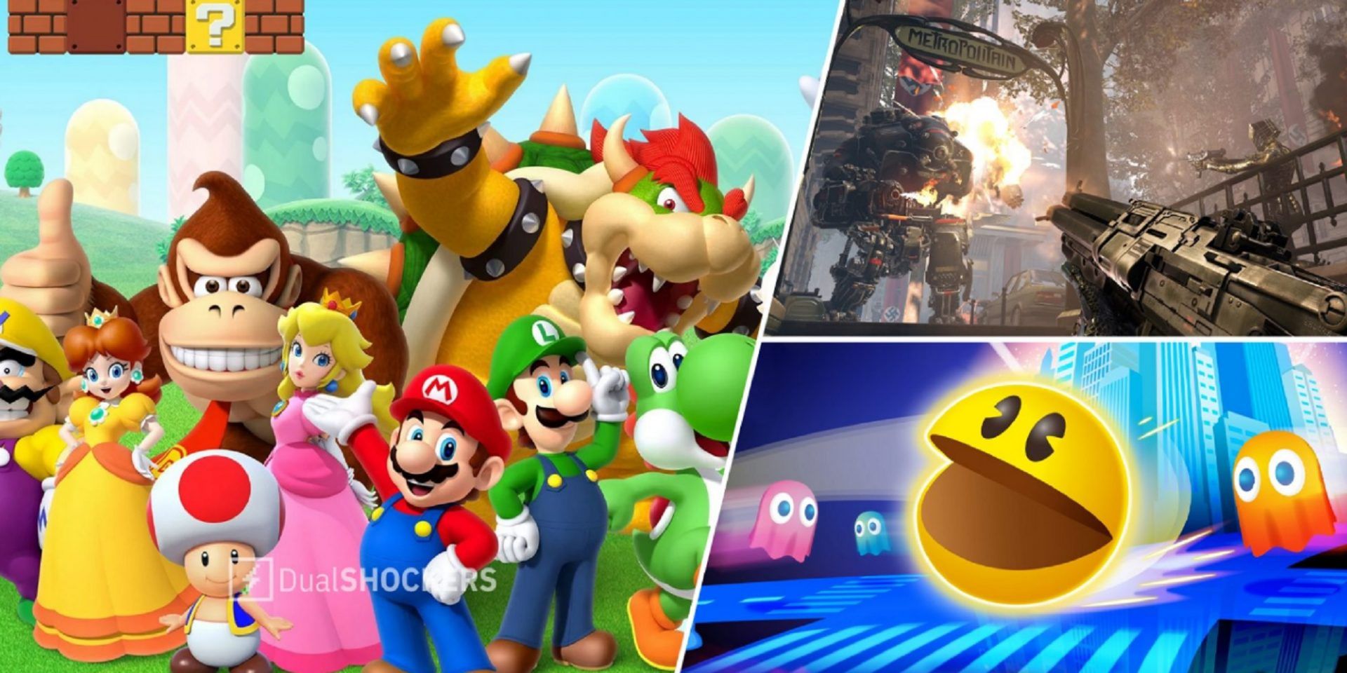 Split image Super Mario franchises characters group shot, Wolfenstein Youngblood screenshot in combat with foe and Pac-Man pursued by ghosts