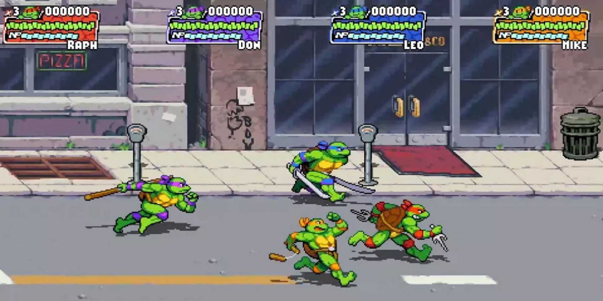 Teenage Mutant Ninja Turtles Shredder's Revenge screenshot all four turtles dashing through street
