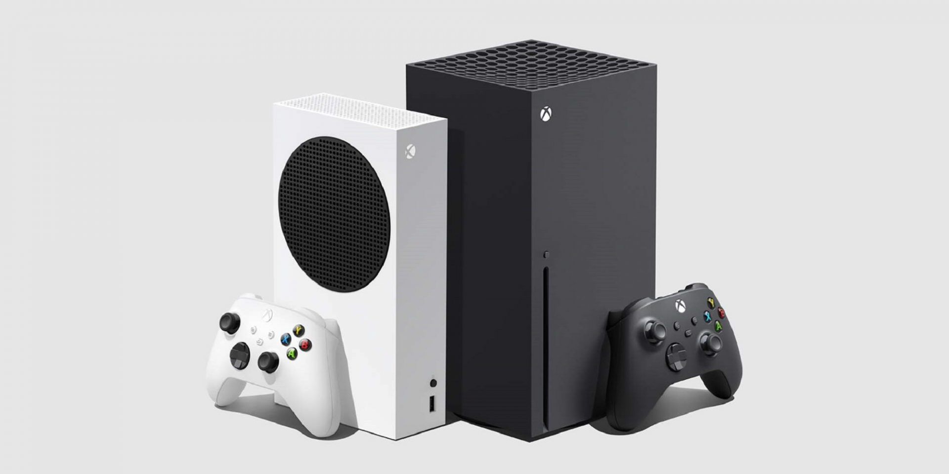 Xbox Series S and X Facing Away From Each Other In Gray Background
