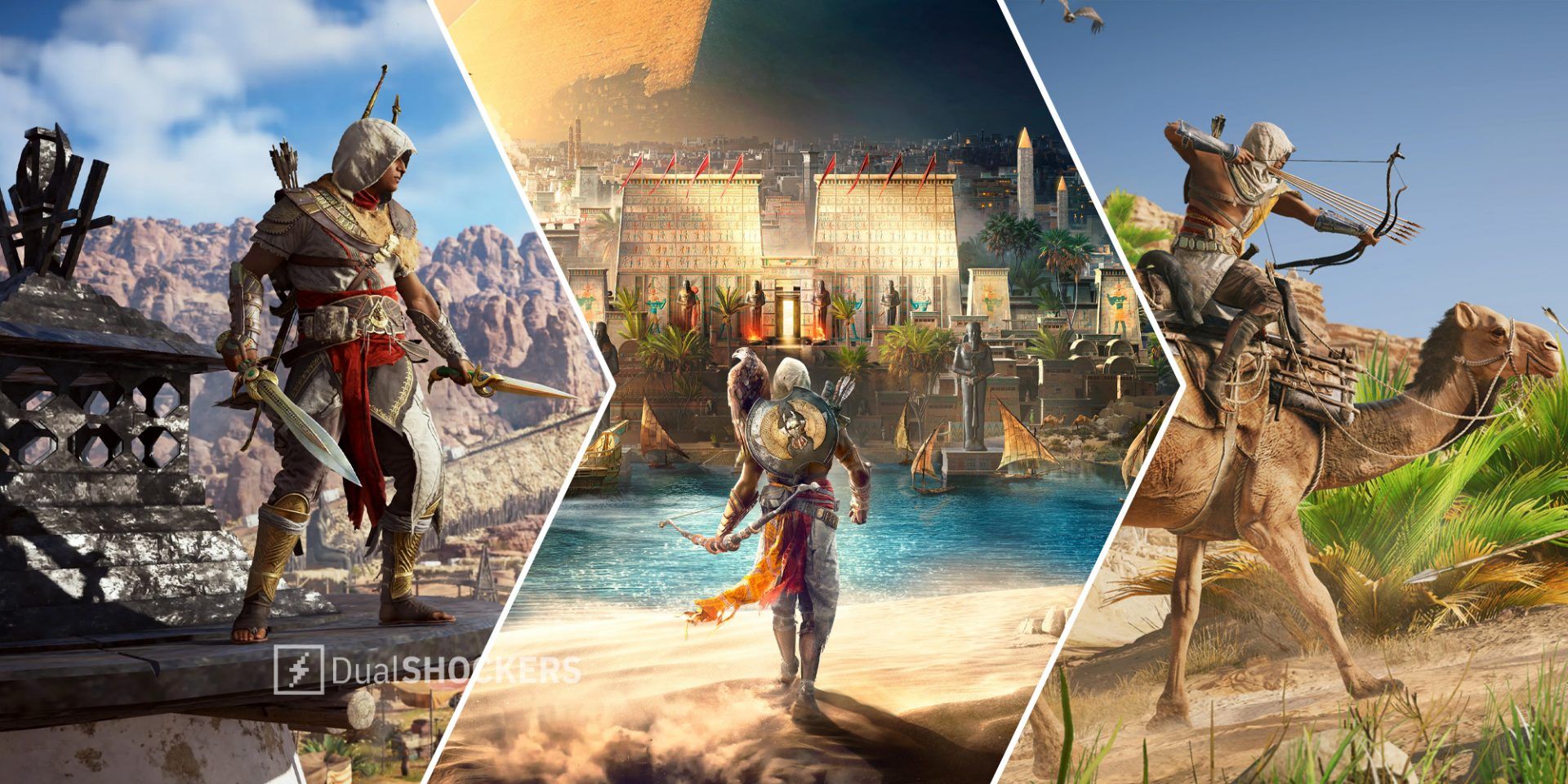 Assassin's Creed Origins Bayek standing on a building with his dual weapons on left, Bayek with his back turned and Egypt in front of him in middle, Bayek on a camel with his bow drawn while attacking enemies on right