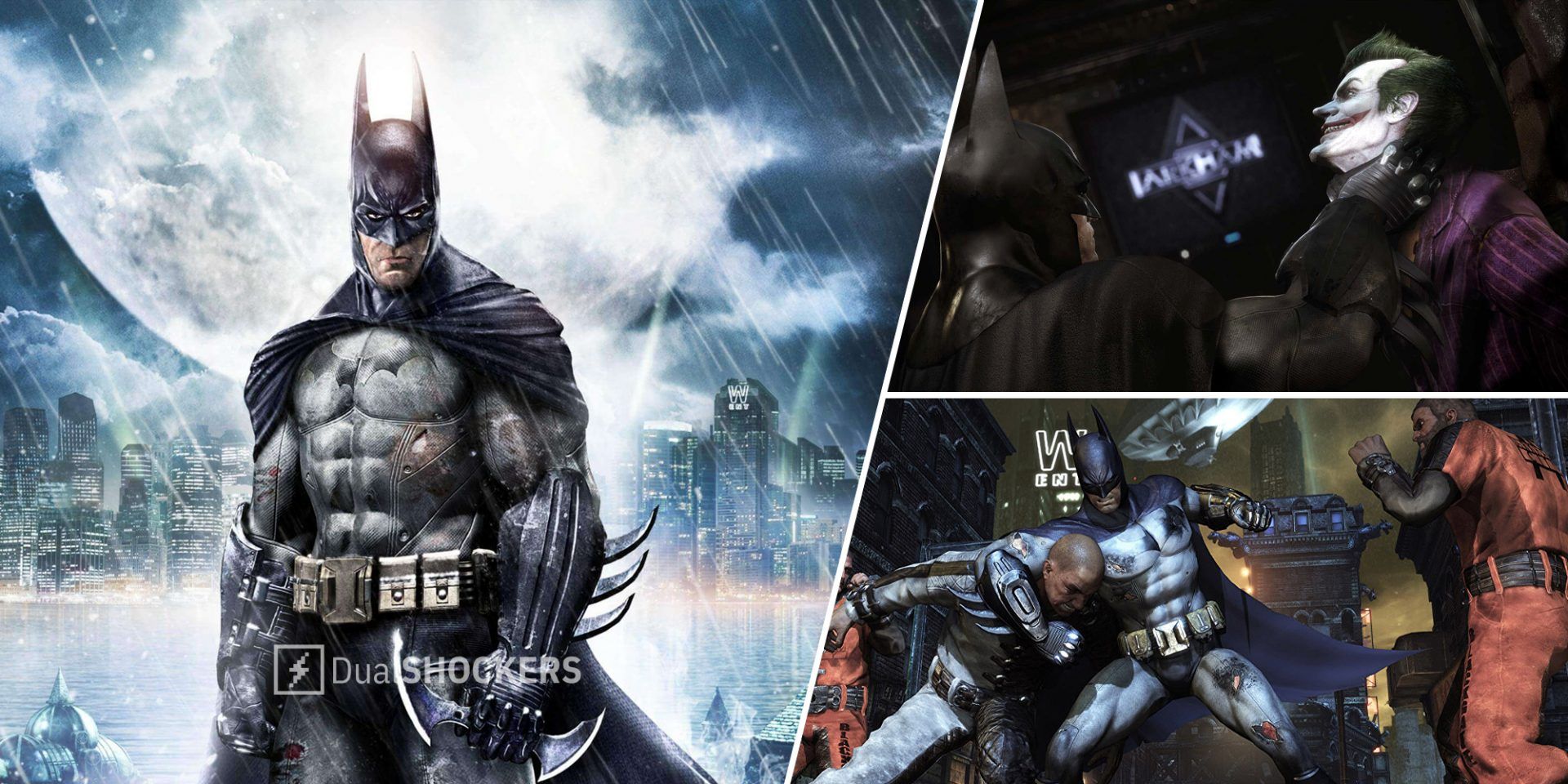 Batman Arkham Asylum on left, Batman choking Joker on top right, Batman fighting enemies on bottom right