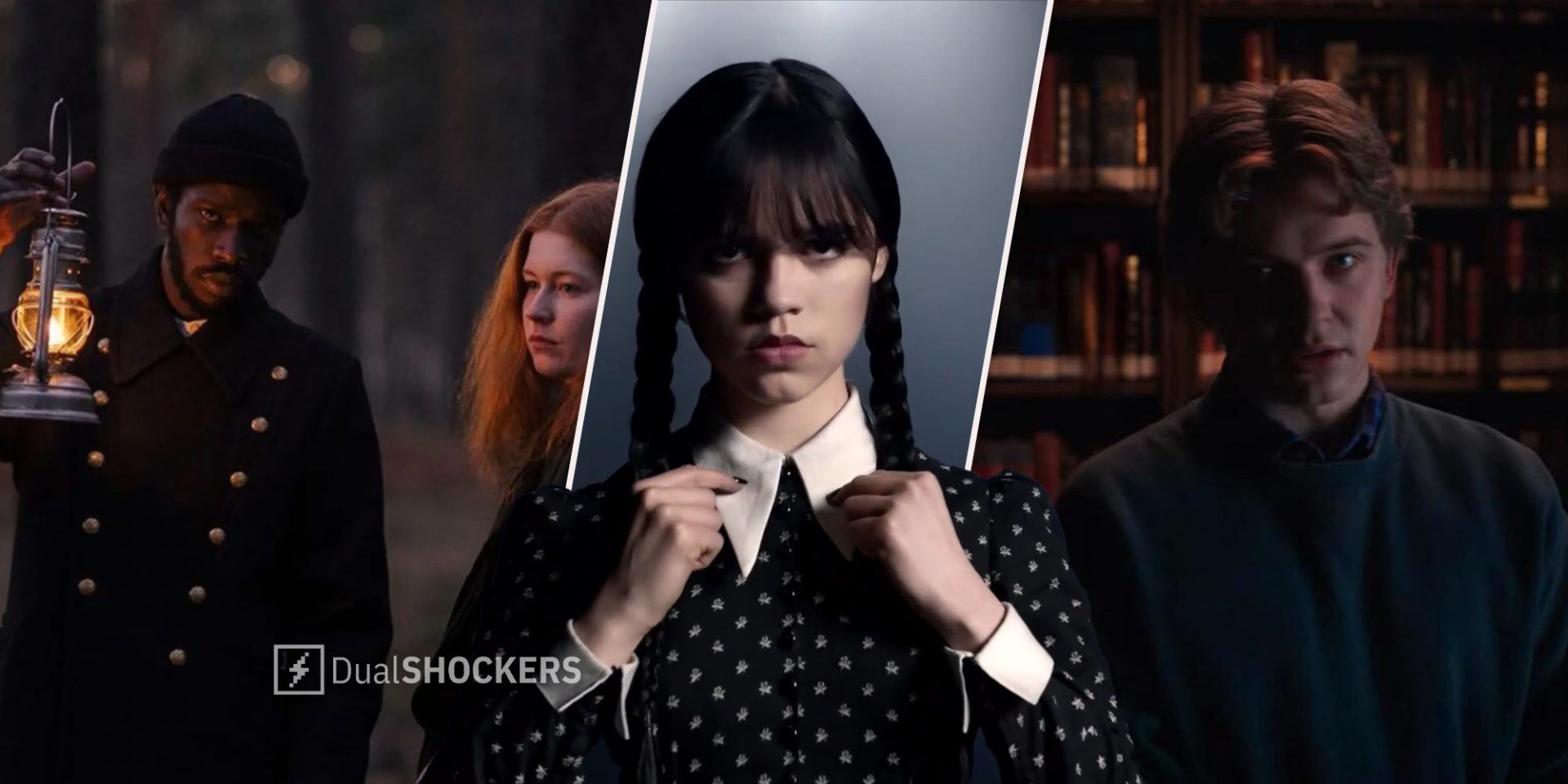 1899 Netflix show two characters with lantern in forest on left, Wednesday show Wednesday Addams in middle, The Midnight Club character in library on right