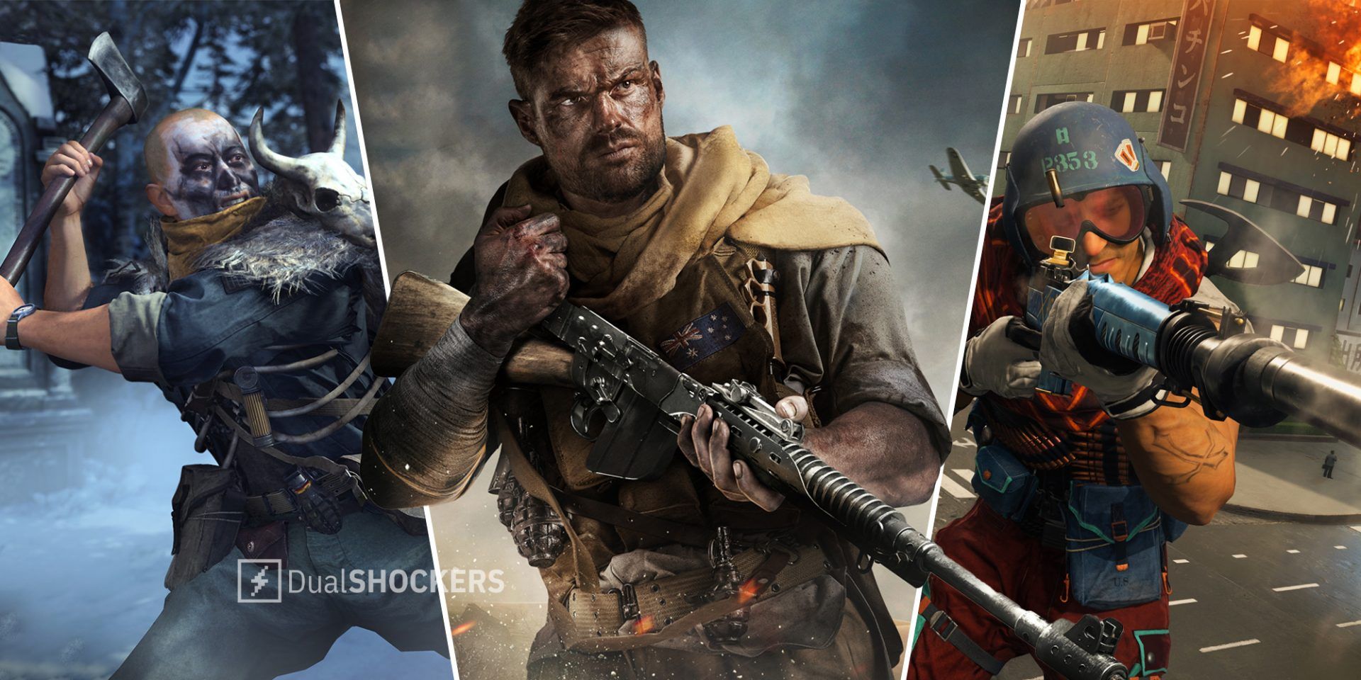 Call of Duty Vanguard player with axe swinging on left, Call of Duty Vanguard promo image in middle, player holding rifle and wearing armor on right