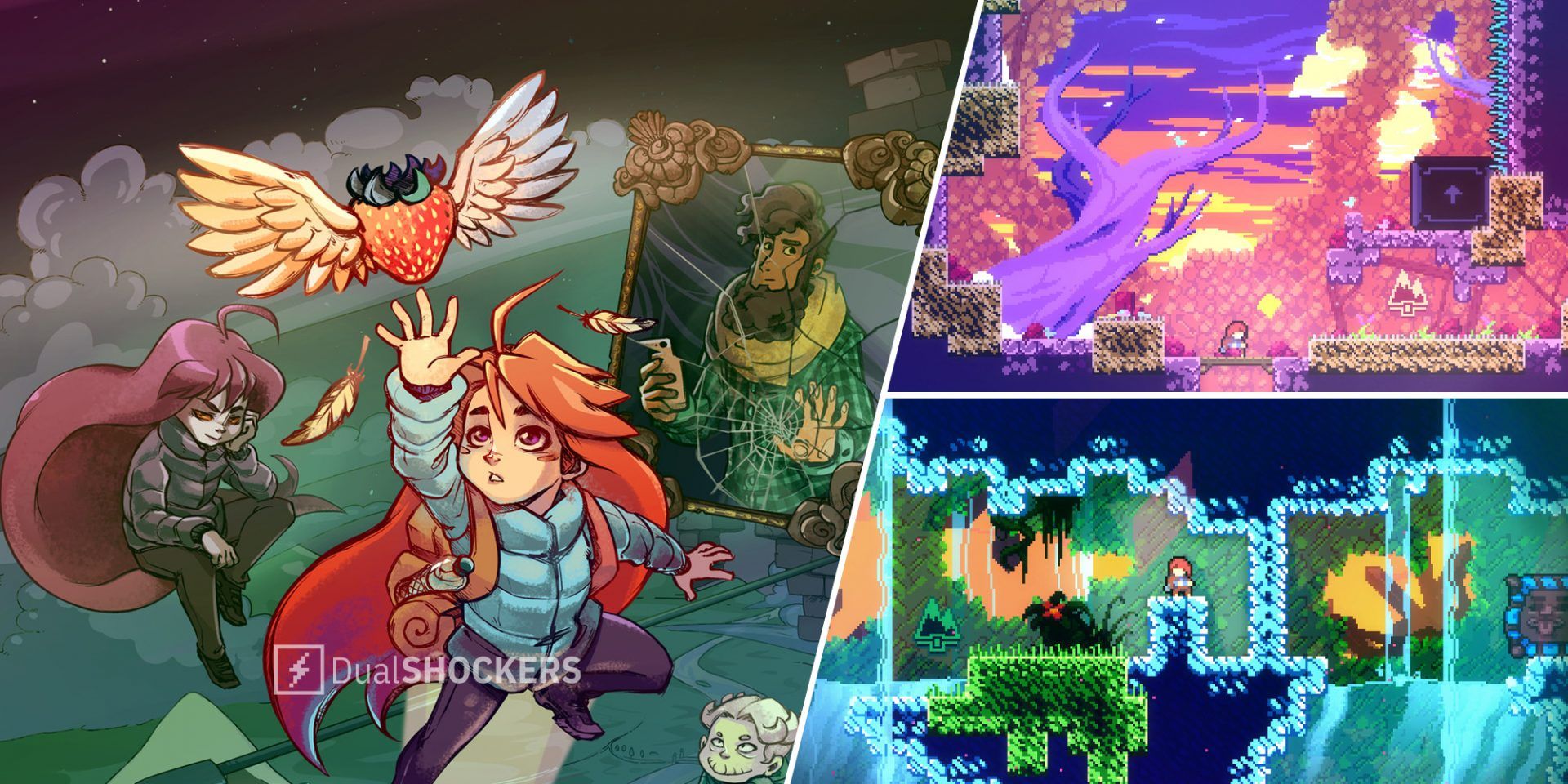 Celeste characters art on left, Celeste level screenshot top right and bottom right