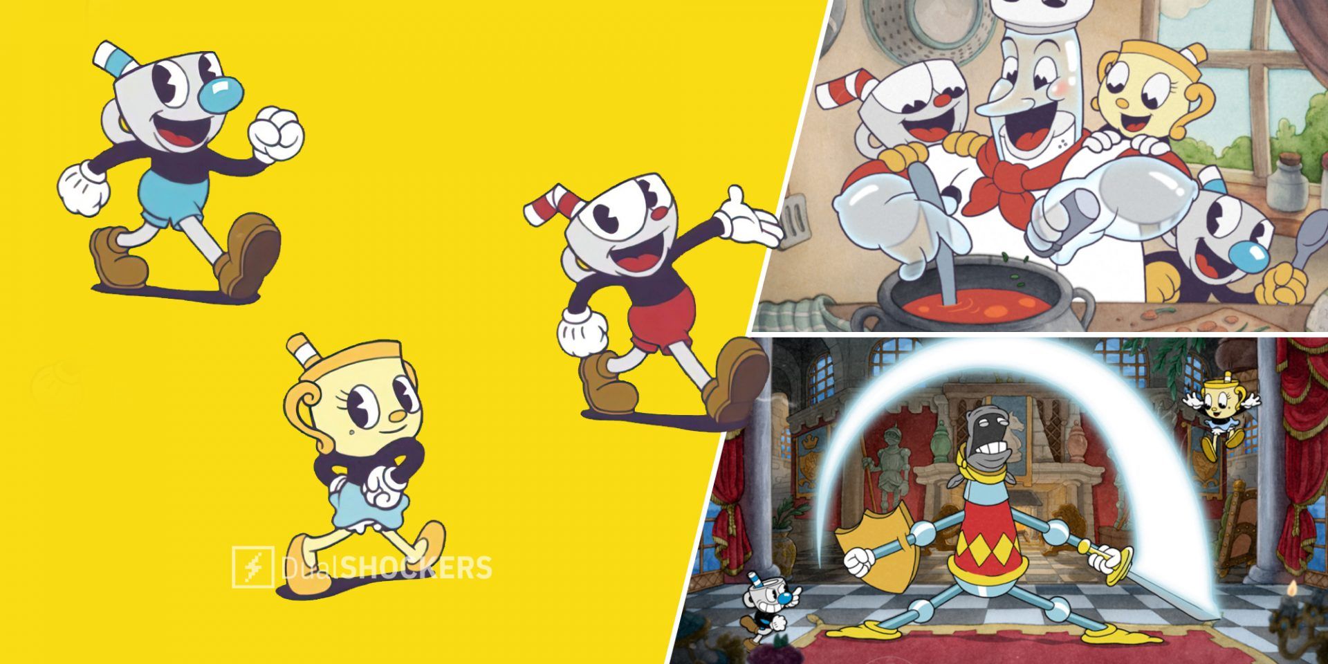 Cuphead characters Mugman, Miss Chalice, and Cuphead on left, Cuphead The Delicious Last Course chef with characters on top right, The Delicious Last Course level boss on bottom right