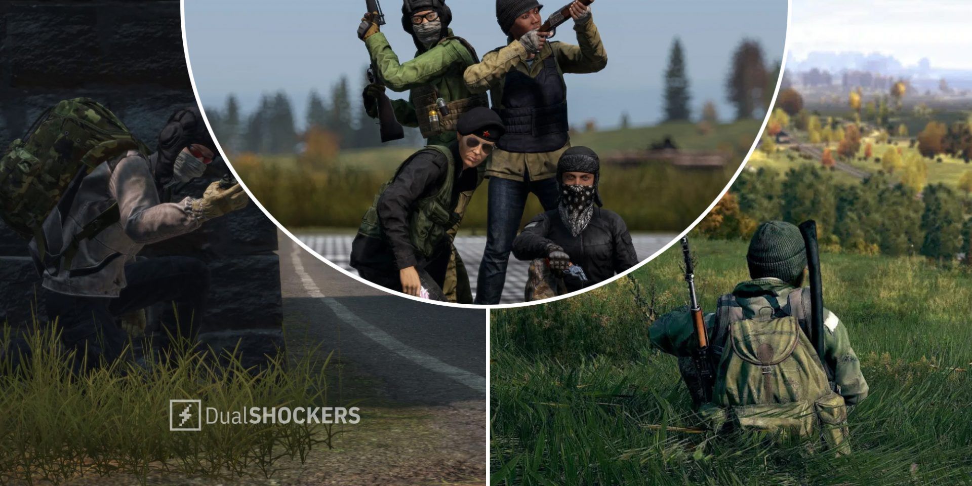DayZ player hiding with weapon on left, DayZ characters posing in middle, player sitting in grass overlooking the landscape on right