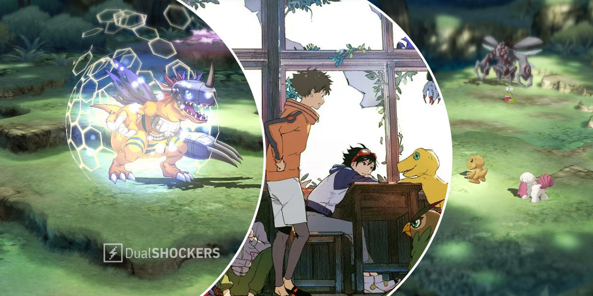 Digimon Survive gameplay on left, Digimon Survive characters in middle, gameplay screenshot on right