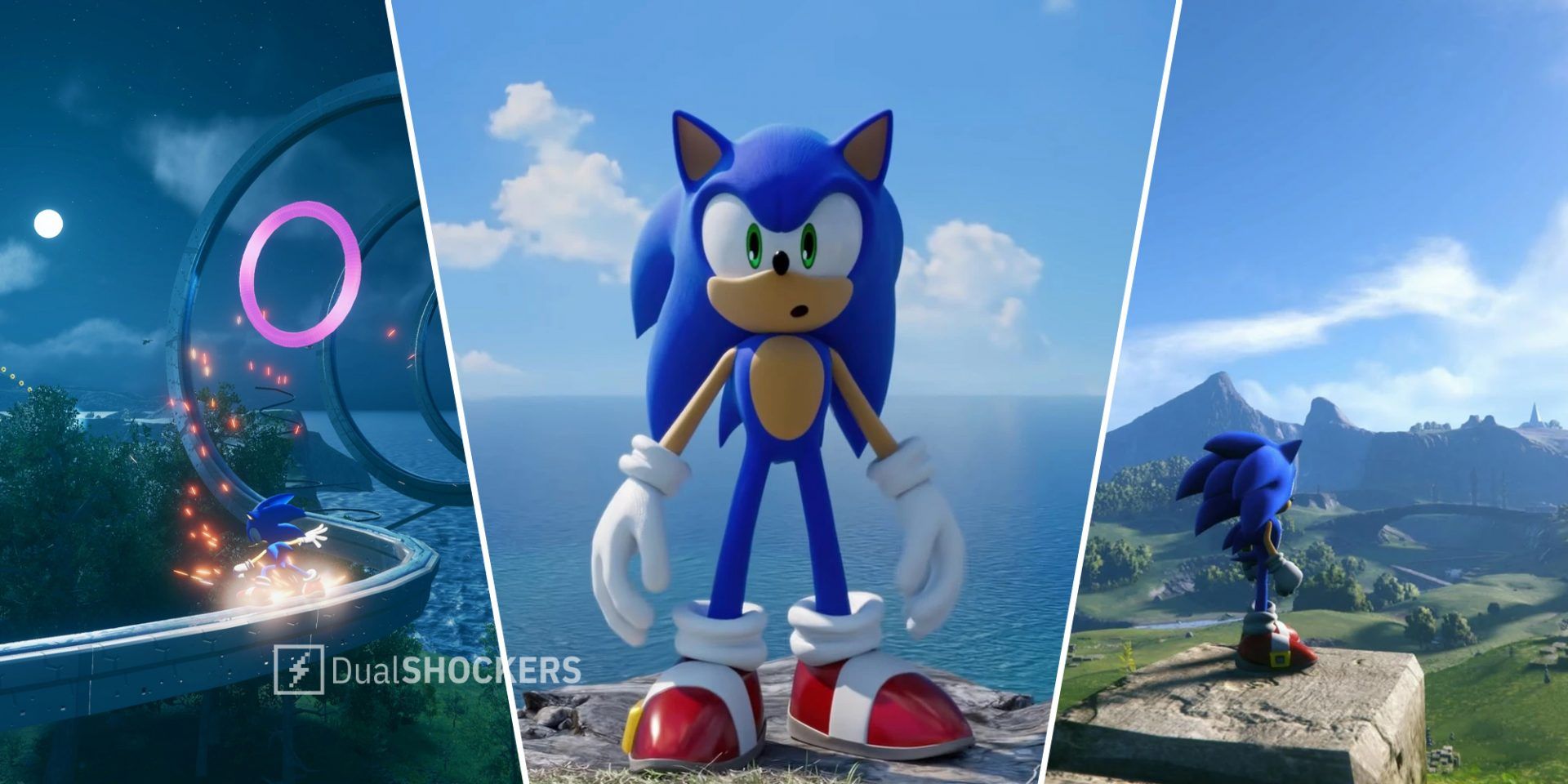 Sonic Frontiers Sonic on a rail on left, Sonic with the horizon behind him in middle, Sonic looking out over the landscape on right