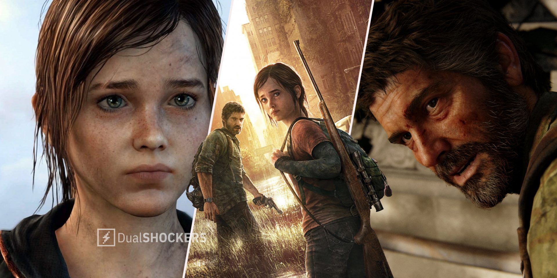 The Last of Us Part 1 Ellie on left, Ellie and Joel promo photo in middle, Joel on right