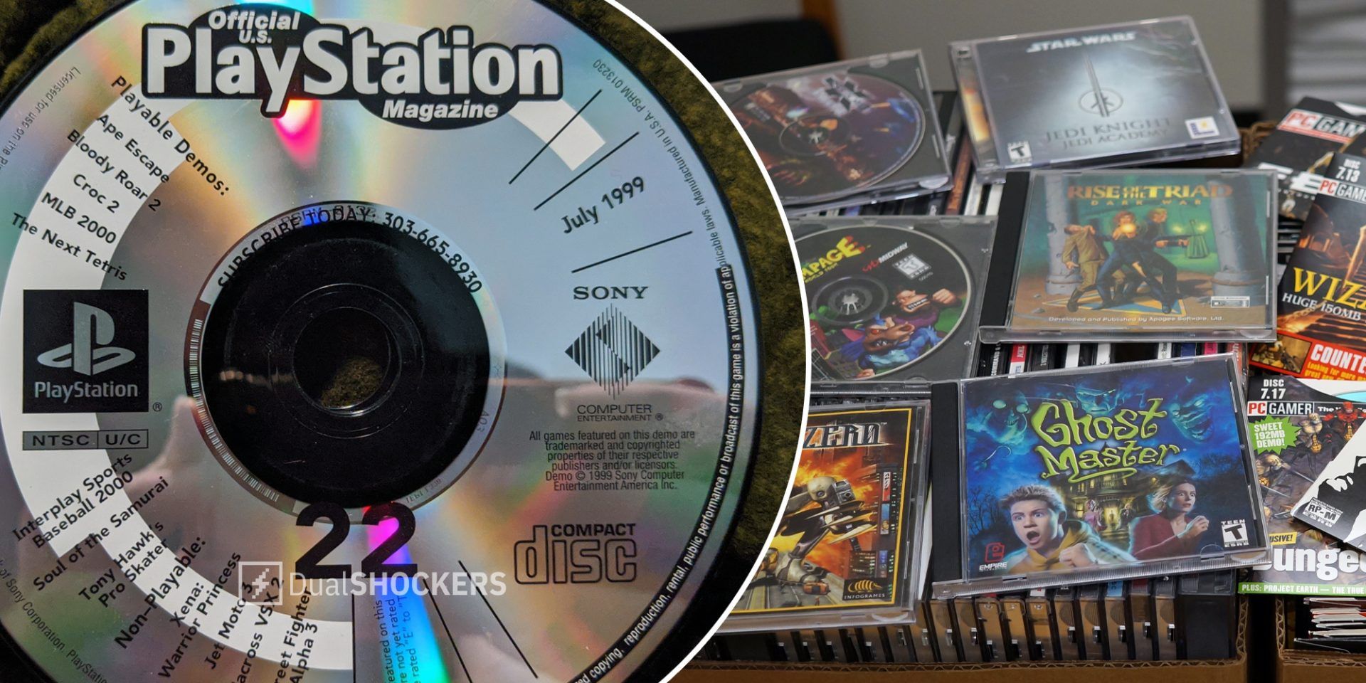 Playstation Magazine demo disc from July 1999 on left, collection of demo discs on right