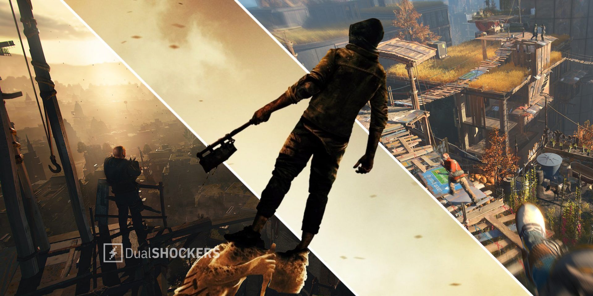 Dying Light 2 character looking over the landscape on left, Aiden with a weapon in a hoodie with his back turned in middle, first person view of Aiden approaching an enemy on right