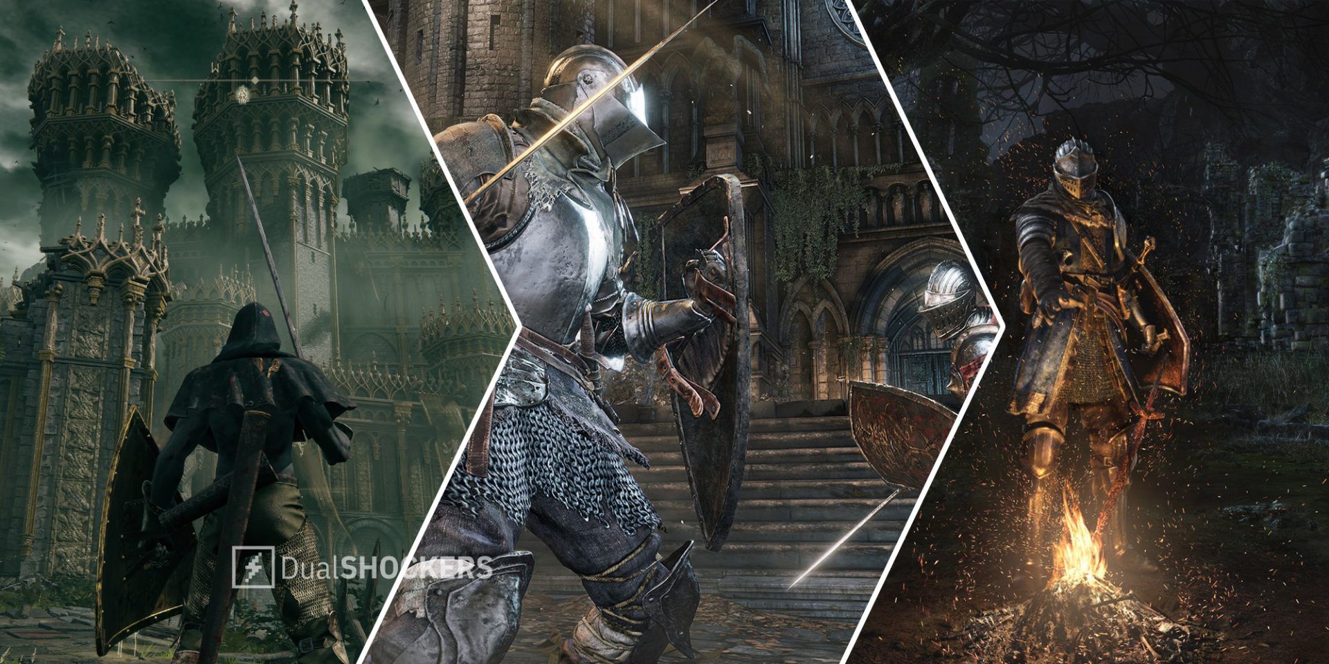 Elden Ring player looking at a castle while holding a sword and shield on left, Dark Souls player holding a sword and shield in a battle in middle, Dark Souls player by a bonfire on right