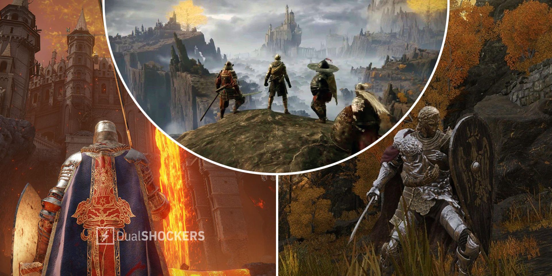 Elden Ring player with cape and armor in front of Volcano Manor on left, Elden Ring players overlooking landscape in middle, Elden Ring player with sword and shield on right