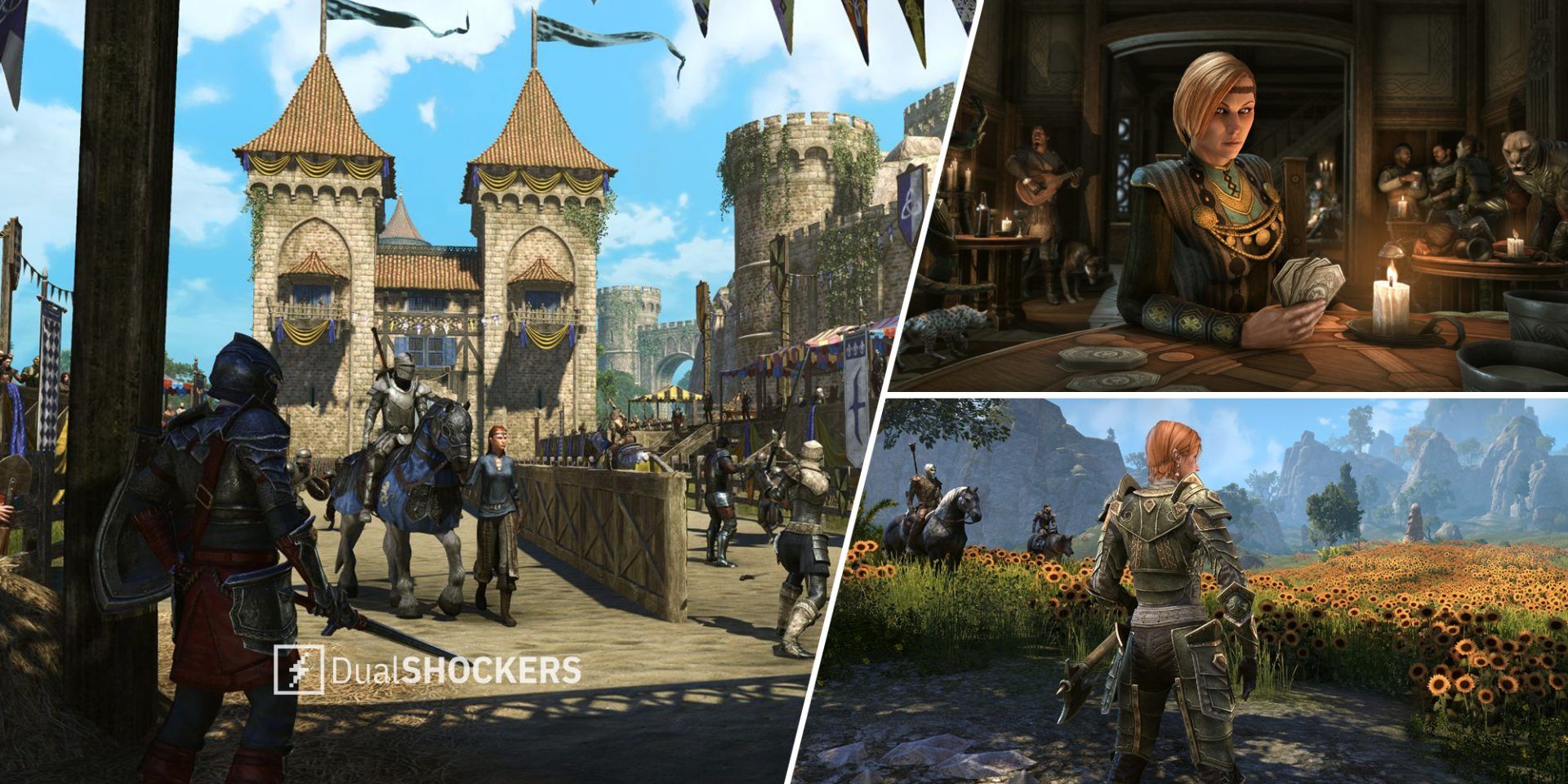 Elder Scrolls Online High Isle Legacy of the Bretons jousting tournament on left, character playing cards with player on top right, character looking at a field of sunflowers on bottom right