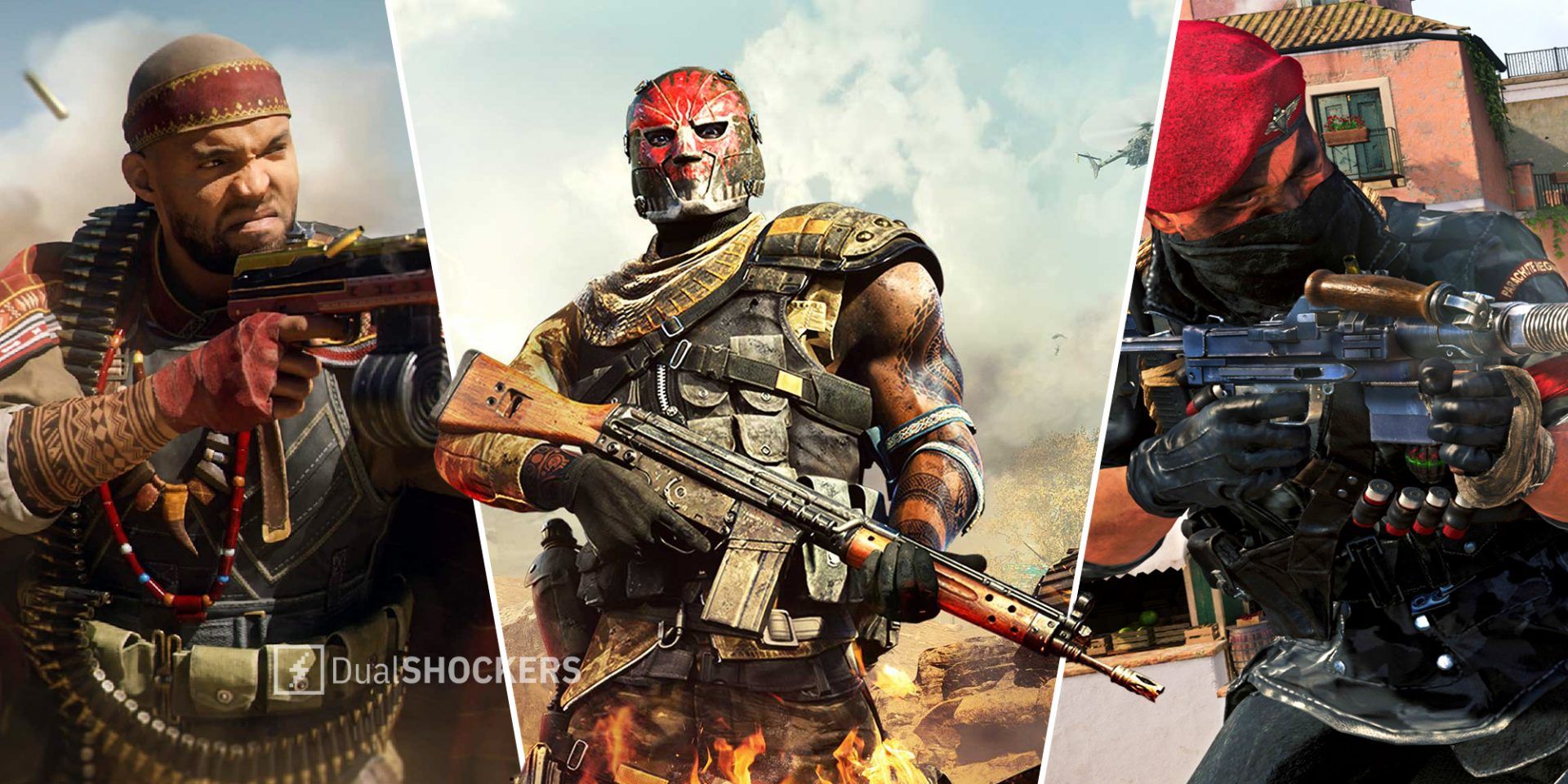 Call of Duty Warzone season 4 character with gun on left, Warzone season 4 promo image in middle, character with rifle on right