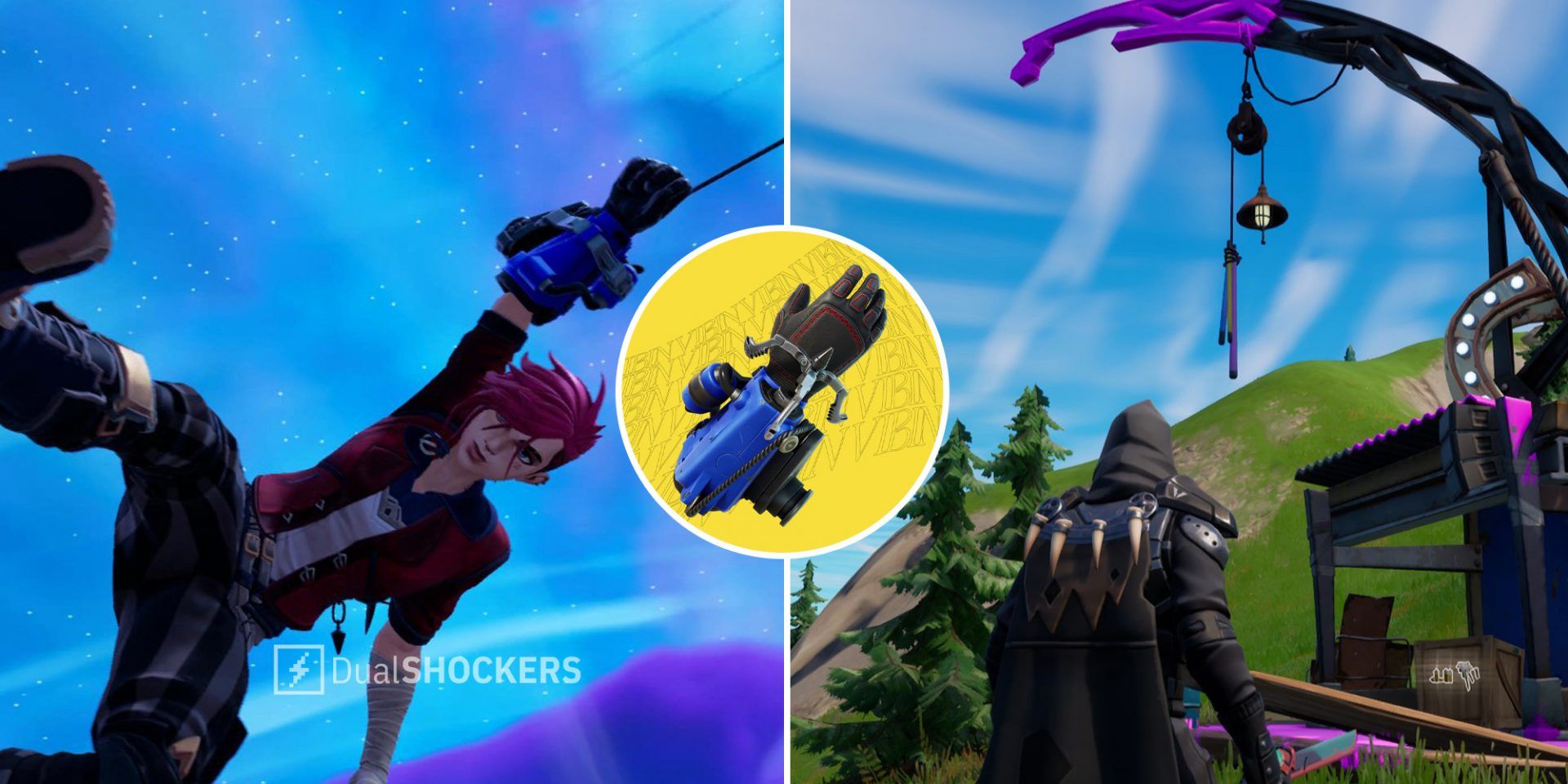 Fortnite player using the grapple gloves to swing through the air on left, grapple gloves in middle, player looking at a grapple spot on right