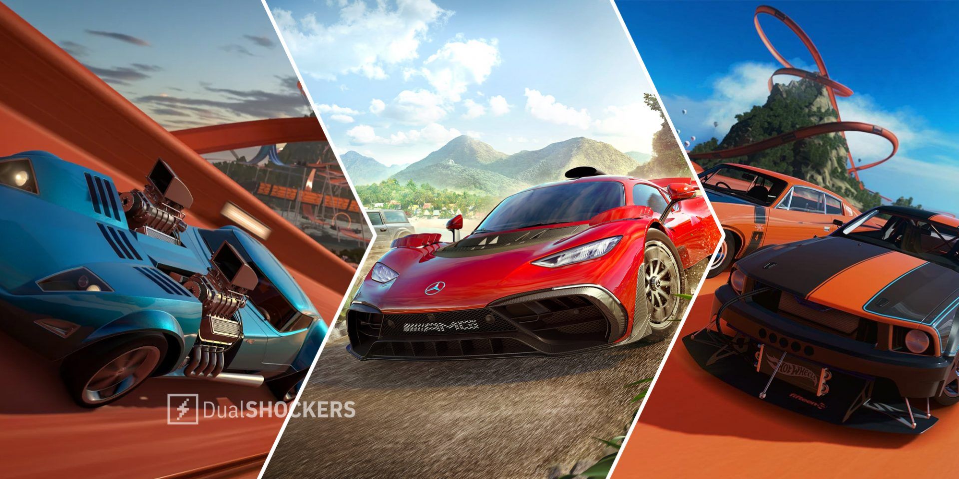 Forza Horizon 5 Hot Wheels DLC on left, Forza Horizon 5 car racing in middle, Hot Wheels DLC car racing on track on right