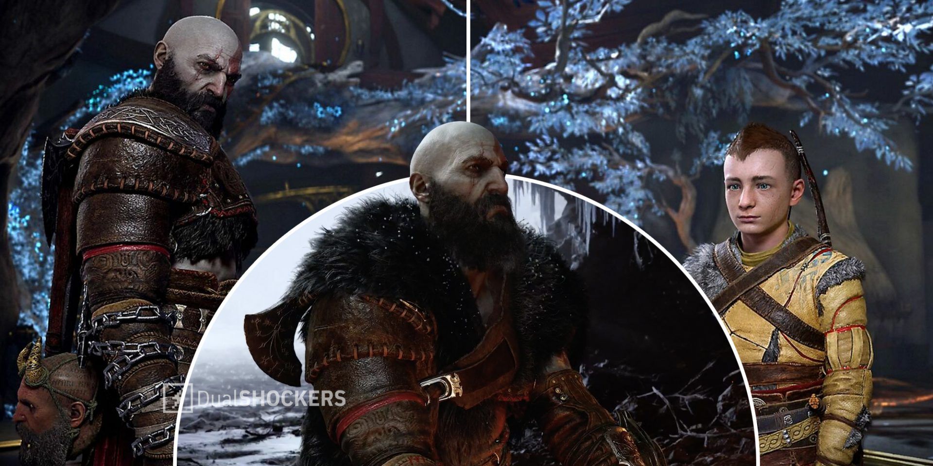 God of War Ragnarok Kratos on left, Kratos with weapon in middle, Atreus on right
