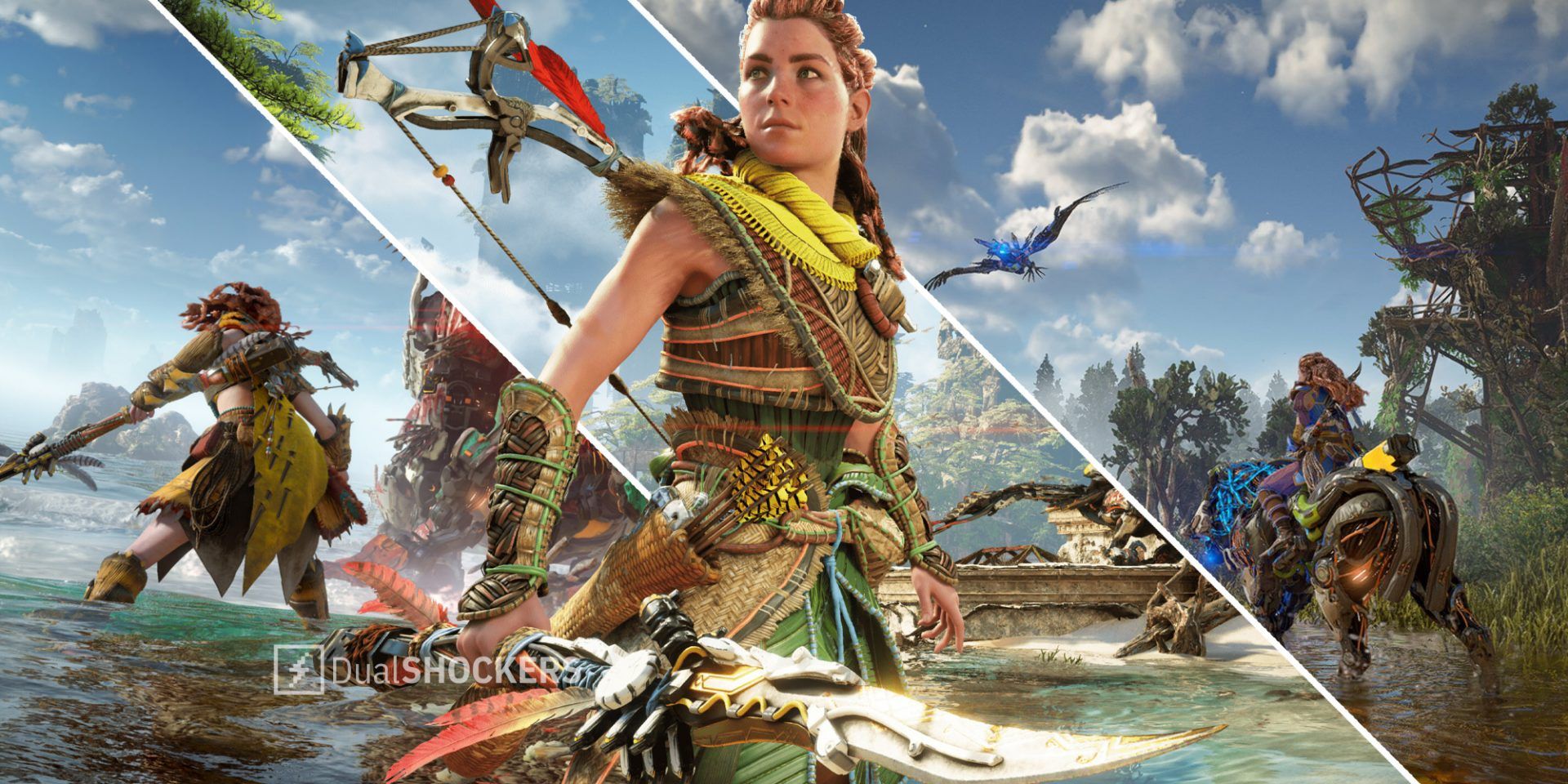 Horizon Forbidden West Aloy fighting a Tremortusk on left, Aloy posing with bow and arrow in middle, Aloy riding a Bristleback on right