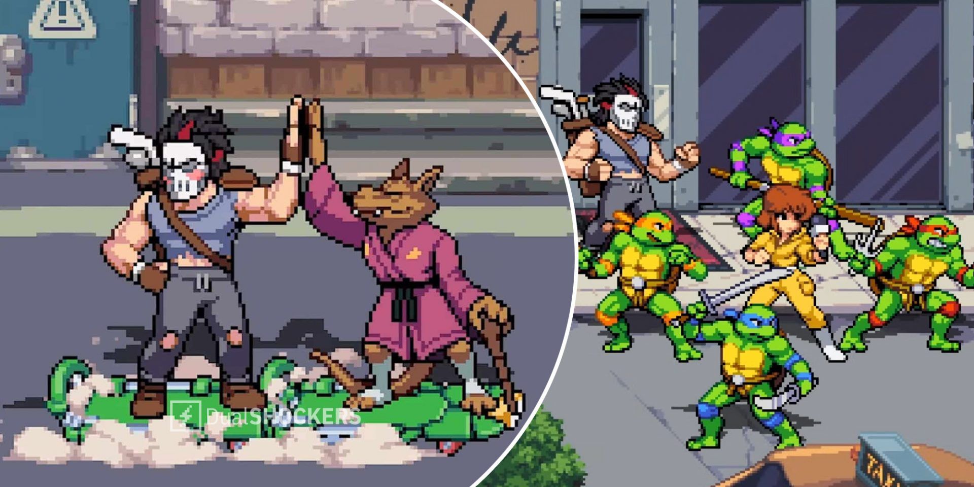 Teenage Mutant Ninja Turtles: Shredder's Revenge Casey Jones and Shredder on left, TMNT Shredder's Revenge Casey Jones, Leonardo, Donatello, Michelangelo, Raphael on right