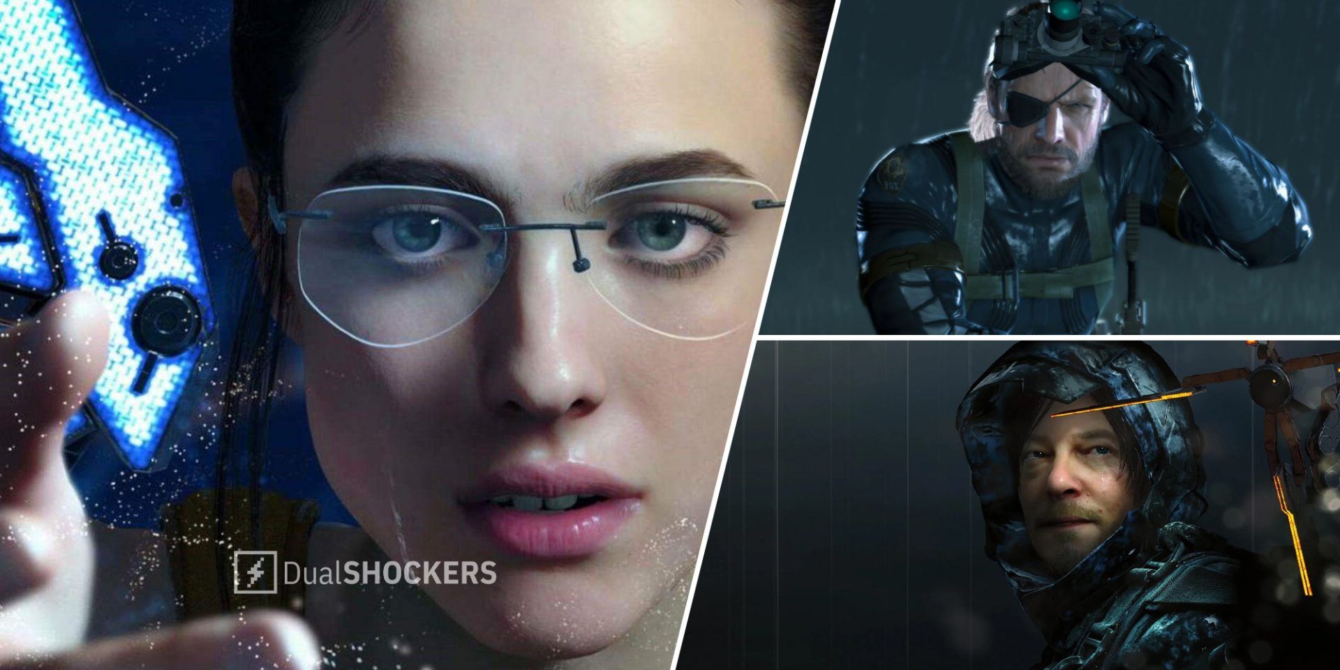 Death Stranding Mama character played by Margaret Qualley who will star in new game Overdose on left, Metal Gear Solid game on top right, Death Stranding Sam Porter on bottom right