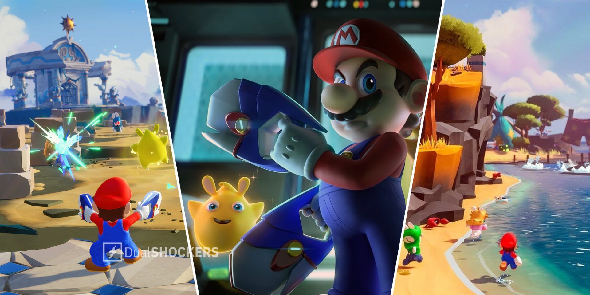 Mario + Rabbids Sparks of Hope Mario shooting on left, Mario with gun in middle, Mario on beach on right