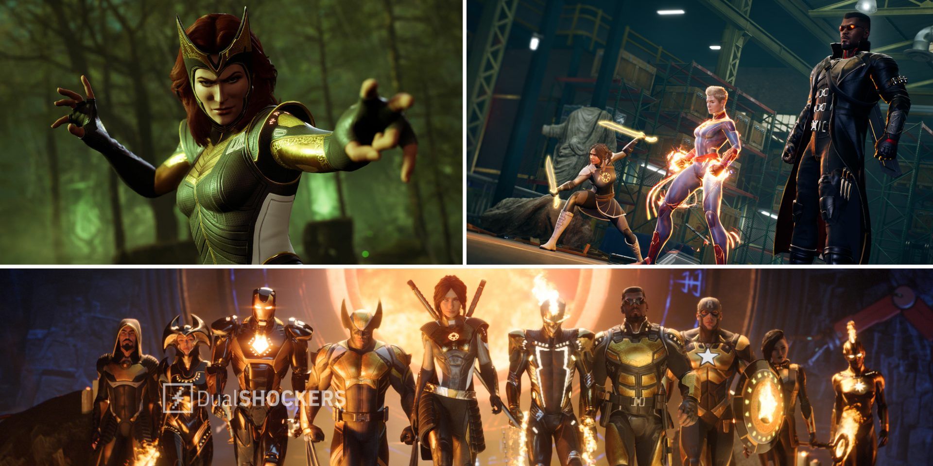 Marvel's Midnight Suns The Scarlet Witch on top left, Marvel characters ready to fight on top right, Marvel's Midnight Suns cast of characters on bottom