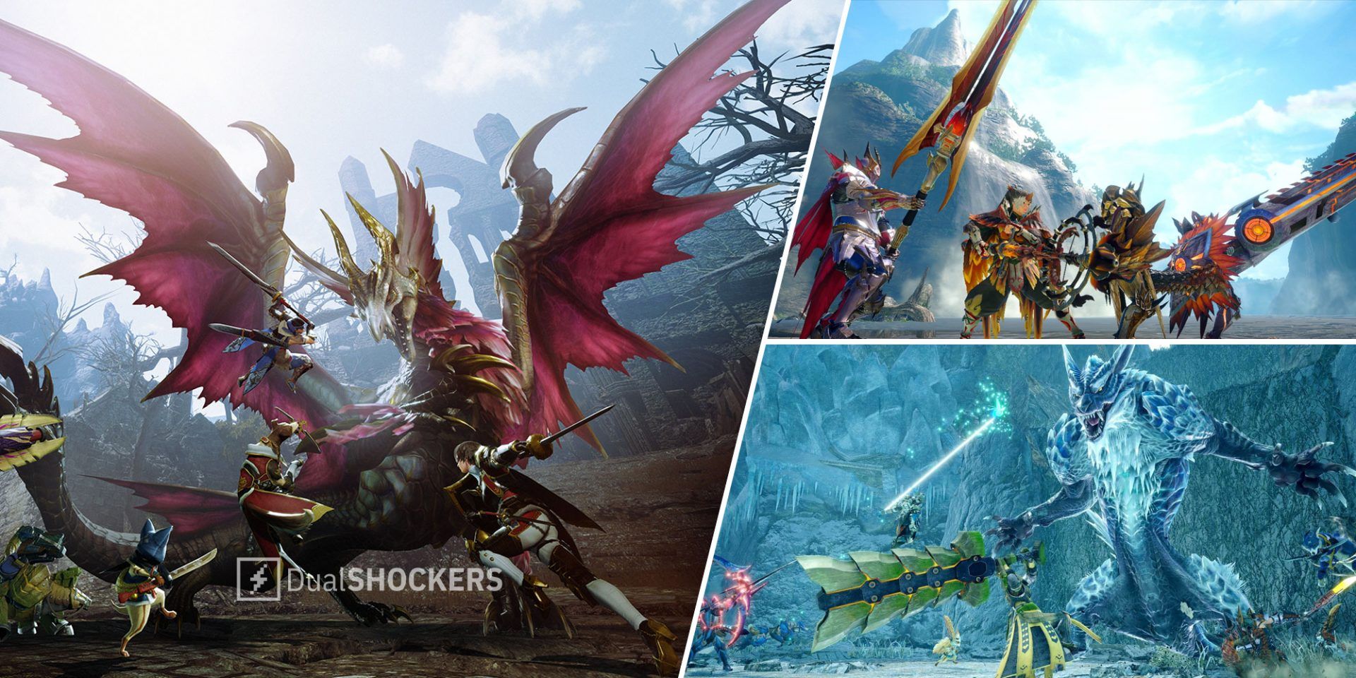 Monster Hunter Sunbreak characters fighting dragon on left, character lineup on top right, characters fighting a monster on bottom right