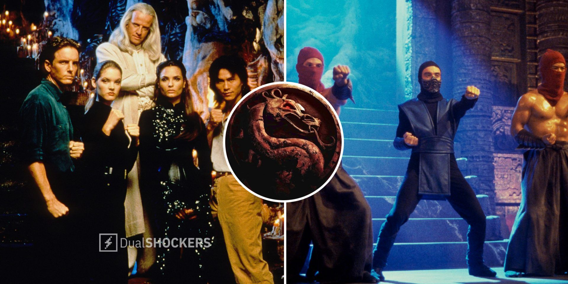 Mortal Kombat 1995 cast photo on left, Mortal Kombat logo in middle, Sub-Zero punching on right