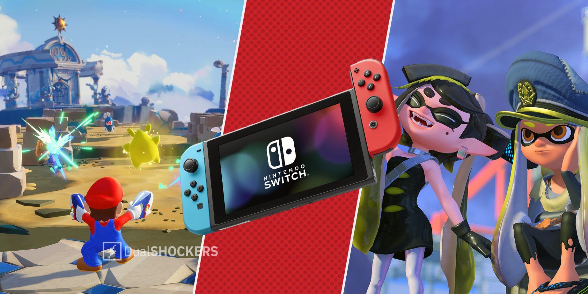 Mario + Rabbids Sparks of Hope new game on left, Nintendo Switch console in middle, Splatoon 3 on right