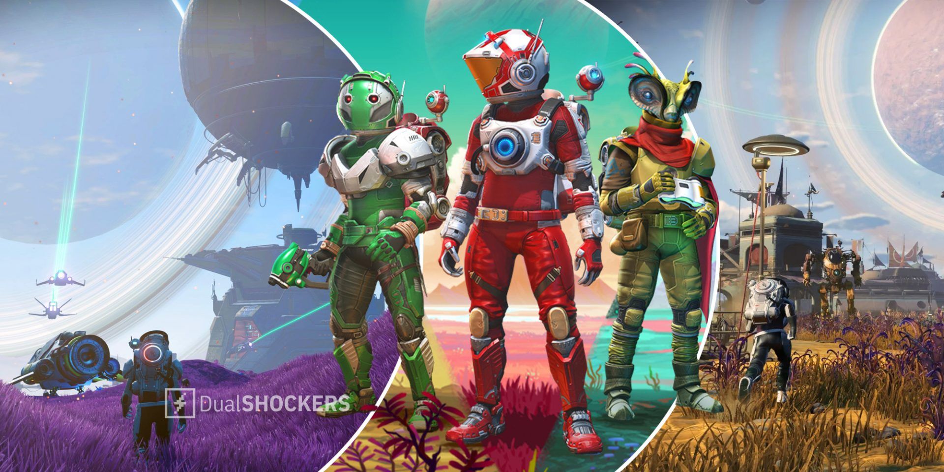 No Man's Sky player on a planet on left, No Man's Sky promo image in middle, No Man's Sky Frontiers DLC on right
