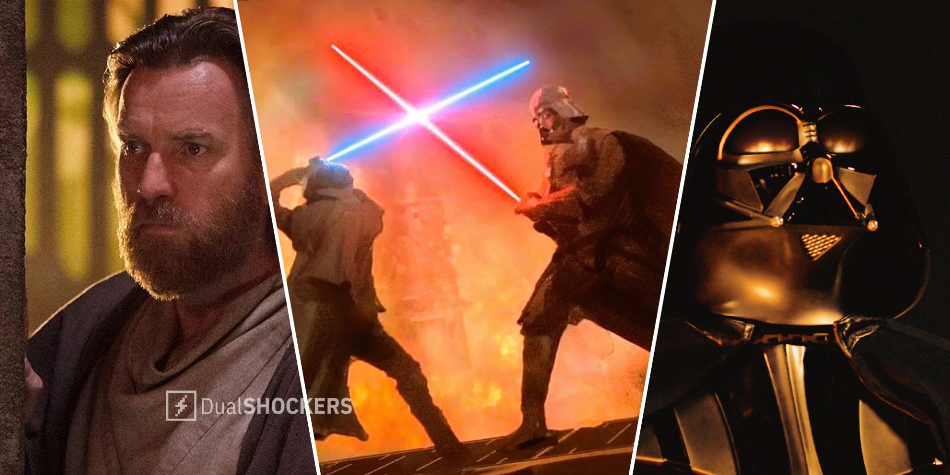 Obi-Wan Kenobi on left, Obi-Wan and Darth Vader with lightsabers fighting in middle, Darth Vader close-up on right