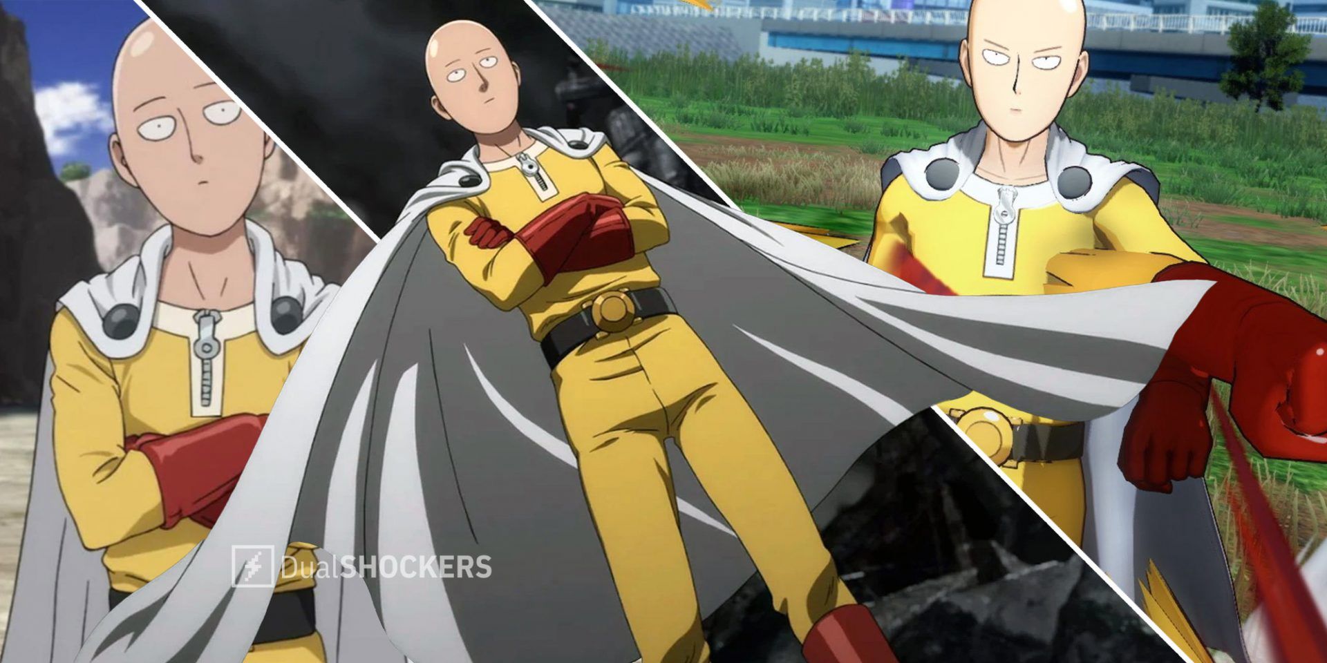 One Punch Man Saitama with arms crossed on left, Saitama with cape flowing in middle, Saitama punching on right