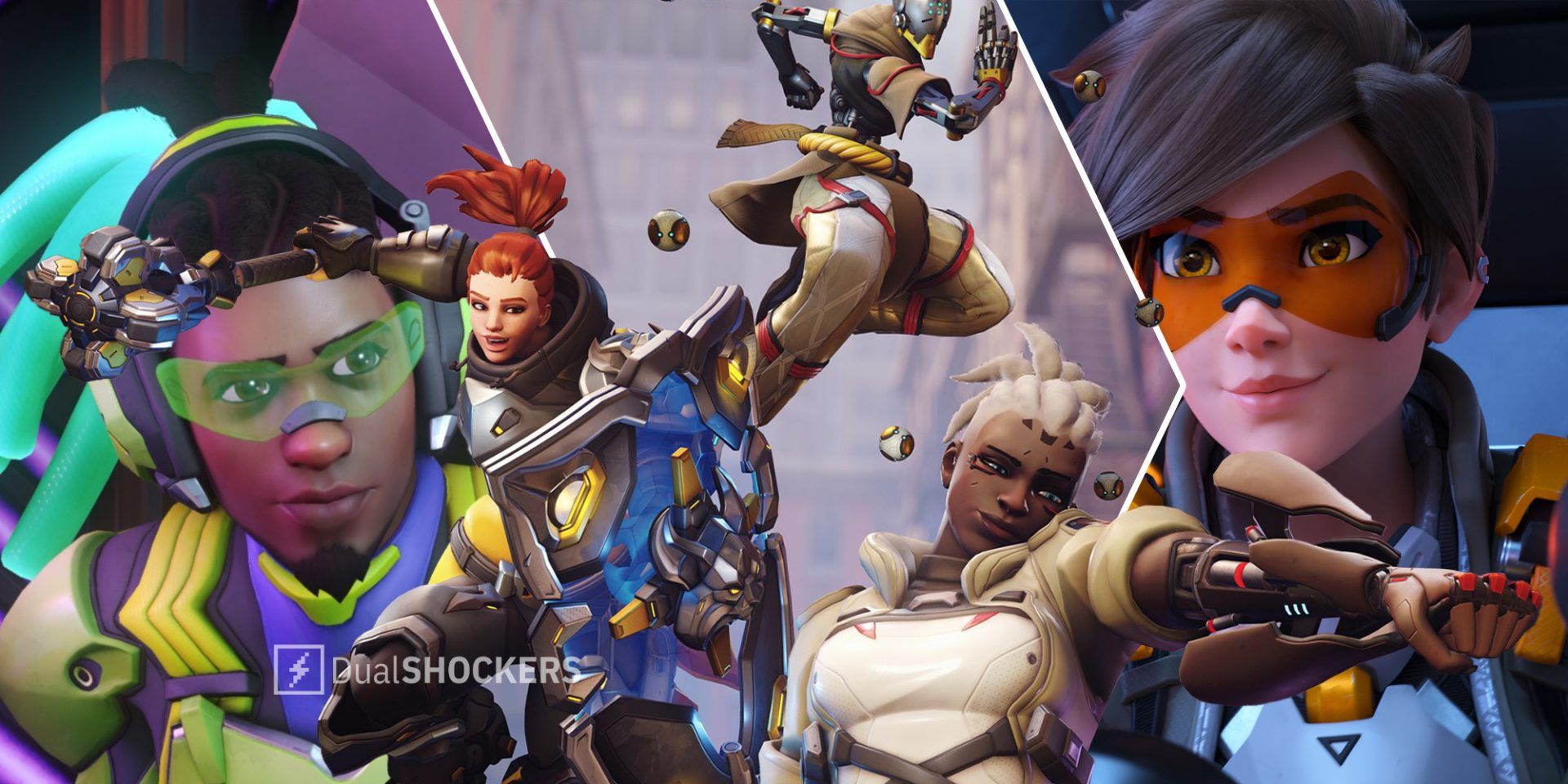 Overwatch 2 Lucio on left, Brigitte, Sigma, and Sojourn in middle, Tracer on right