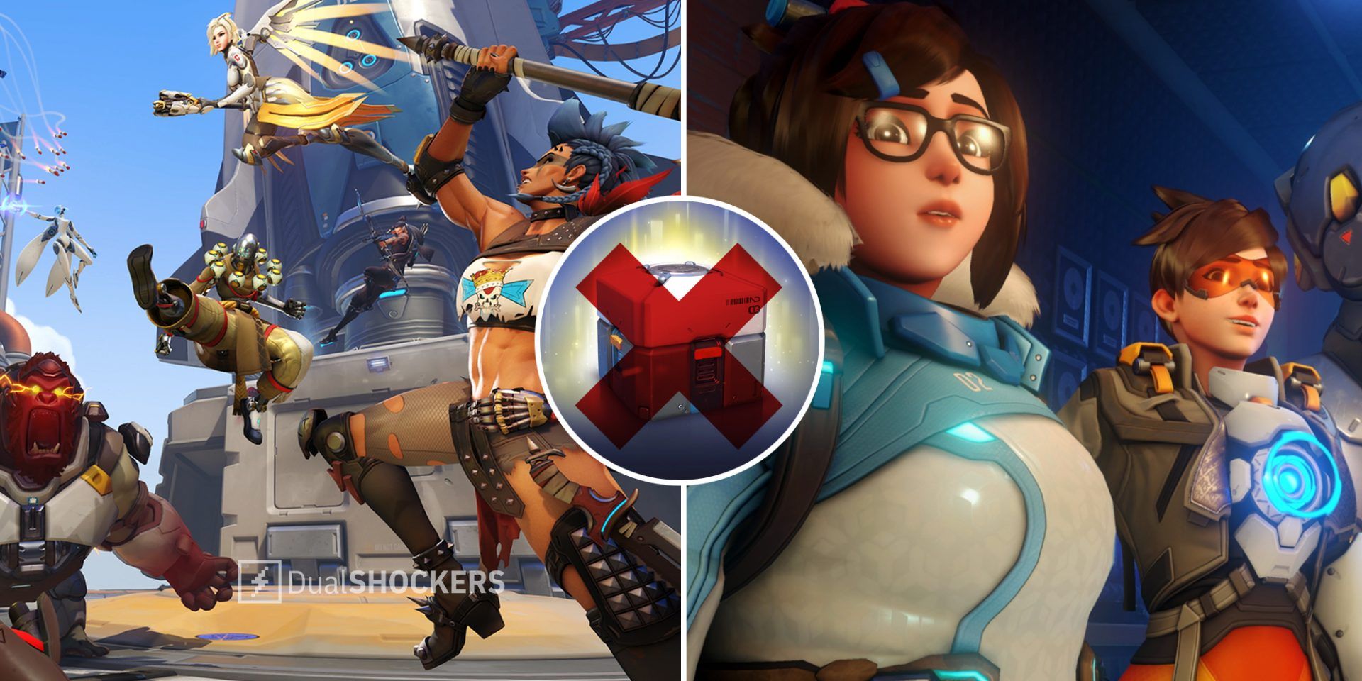 Overwatch 2 characters in the middle of a battle on left, Overwatch loot box with x through it in middle, Overwatch 2 Mei and Tracer on right