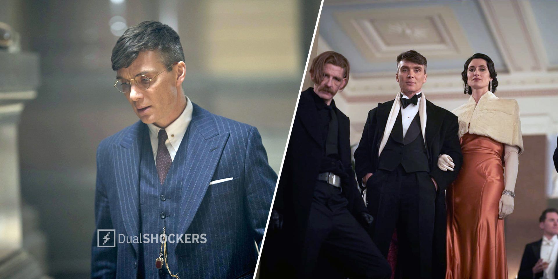 Peaky Blinders Tommy Shelby with glasses on left, Arthur Shelby, Tommy Shelby, and Lizzie Shelby in fancy clothes on right