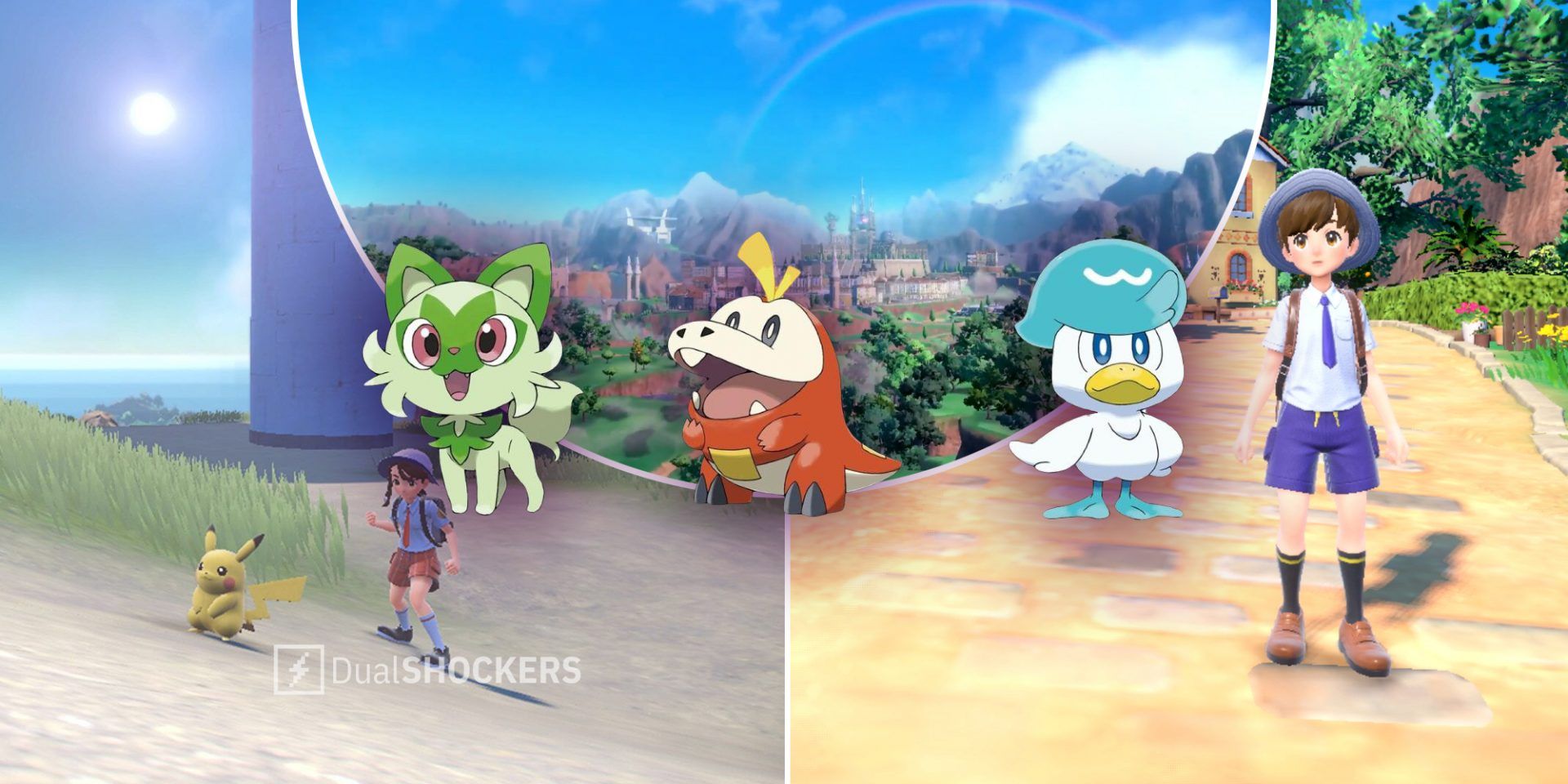 Pokemon Scarlet and Violet character with Pikachu on left, Pokemon Scarlet and Violet starters Sprigatito, Fuecoco, and Quaxly in middle, one of the characters from Pokemon Violet on right