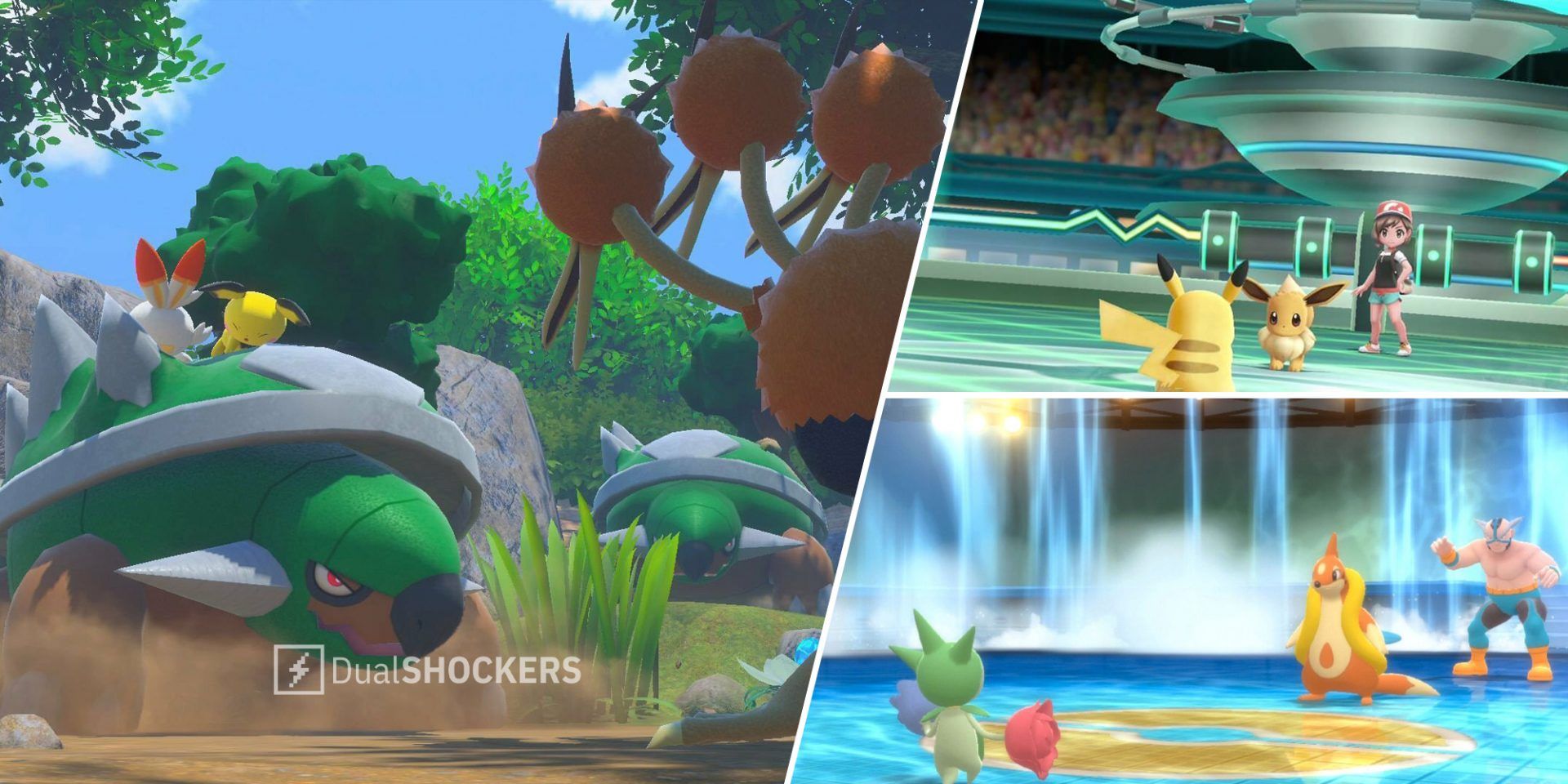 Pokemon battle with Torterra, Scorbunny, Pichu, and Doduo on left, Pokemon trainer battle with Pikachu and Eevee on top right, Pokemon battle with Roselia and Buizel on bottom right