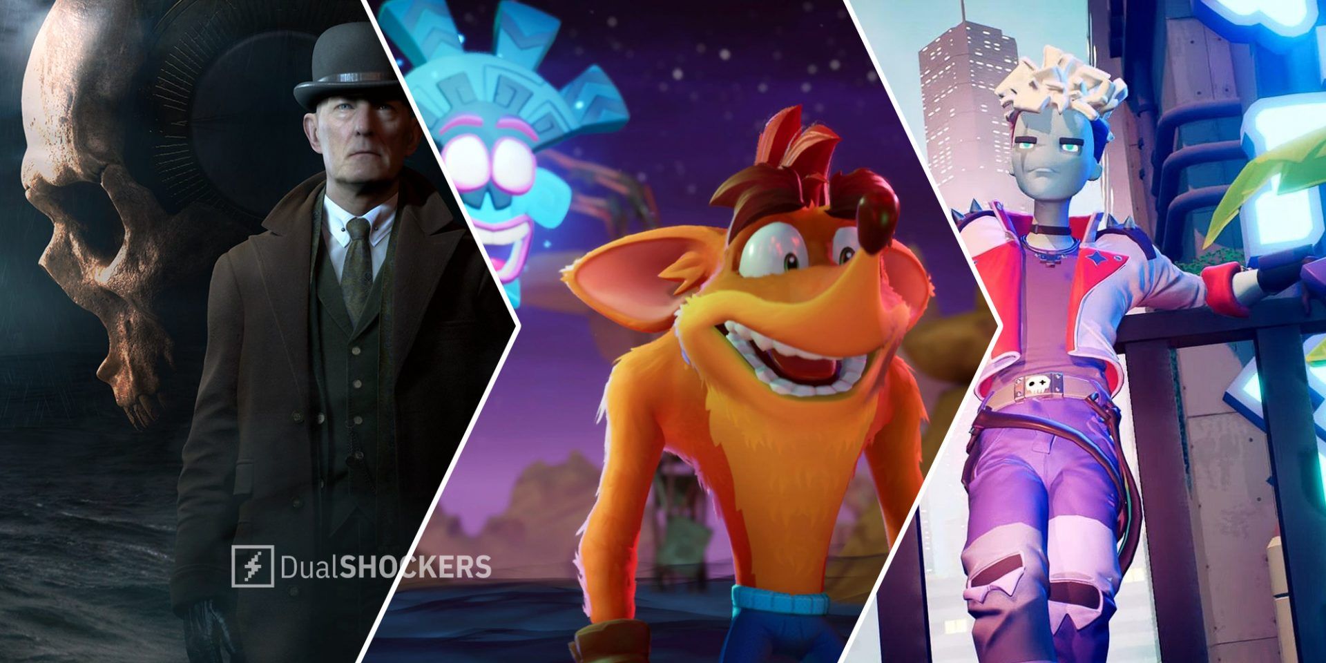 The Dark Pictures Anthology: Man of Medan promo image on left, Crash Bandicoot 4: It's About Time in middle, Arcadegeddon character on right