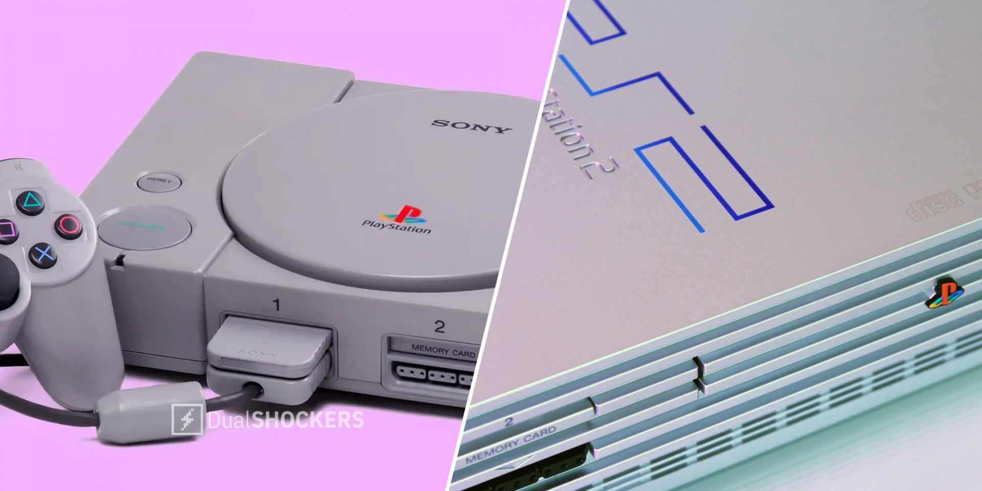 Playstation 1 console on left, Playstation 2 console on right