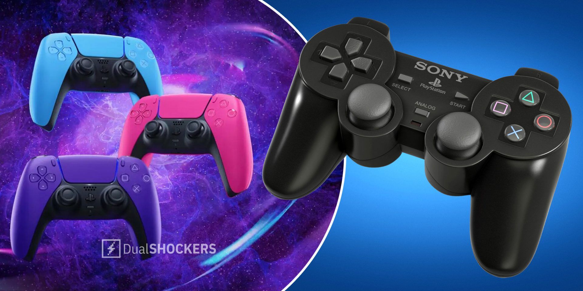 Playstation 5 DualSense controller in blue, purple, and pink on left, Playstation 2 controller in black on right