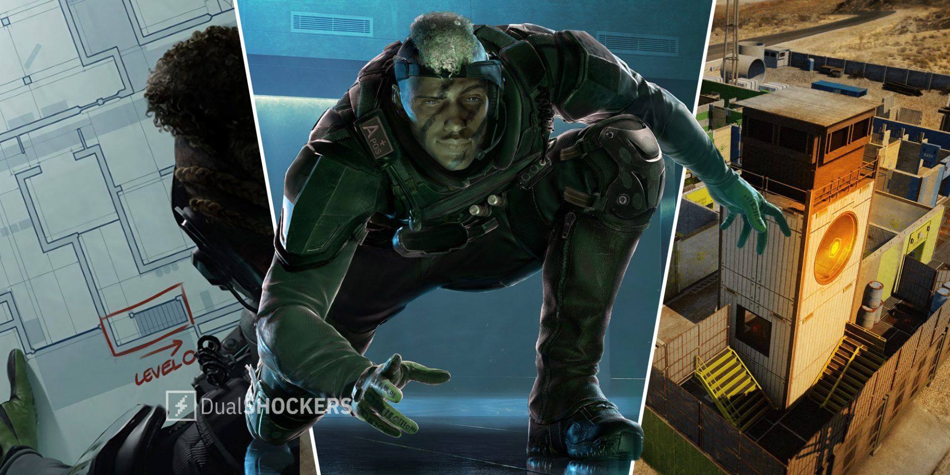 Rainbow Six Siege Operation Vector Glare plans on left, new operator Neon “Sens” Ngoma Mutombo in middle, new map on right