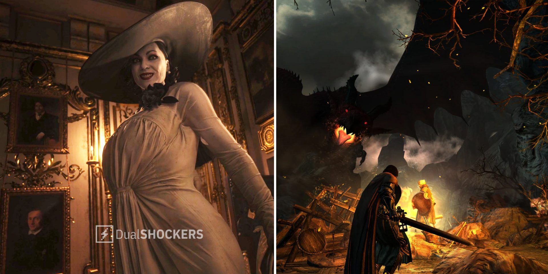 Resident Evil Village Lady Dimitrescu on left, Dragon's Dogma character with sword facing a dragon on right