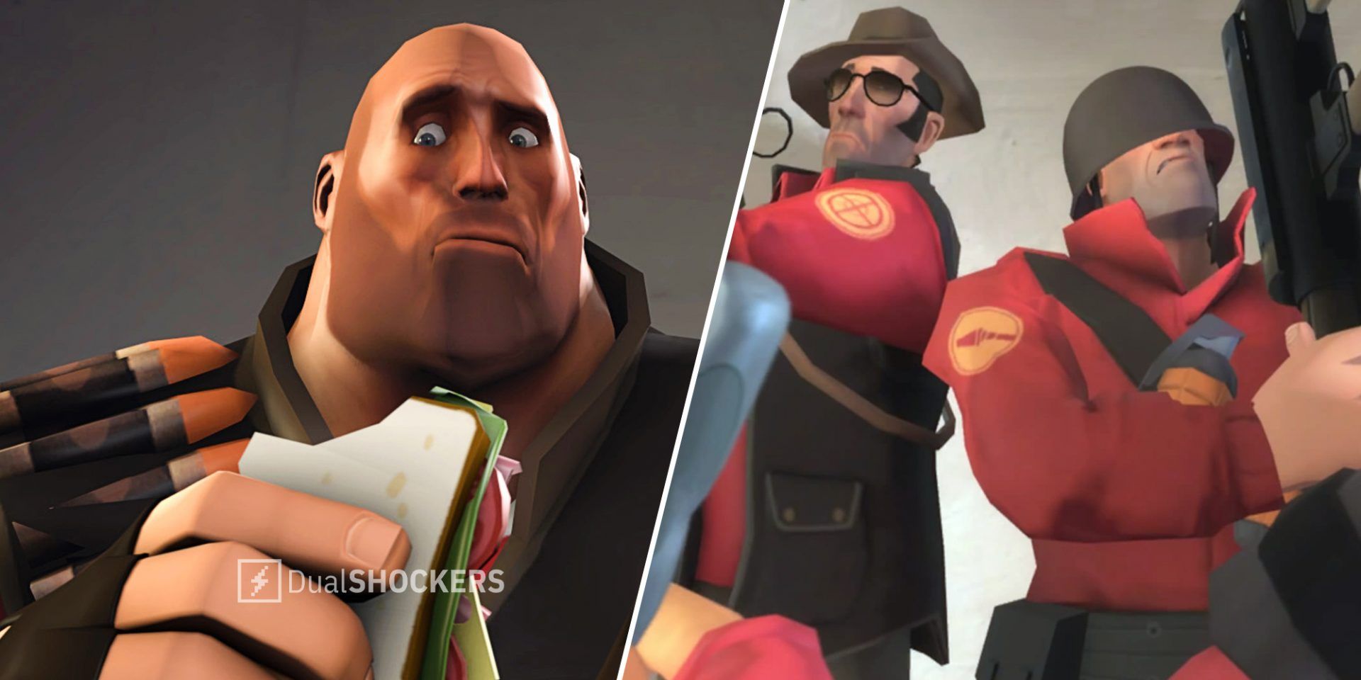 Team Fortress 2 The Heavy with sandwich on left, The Sniper and The Heavy on right