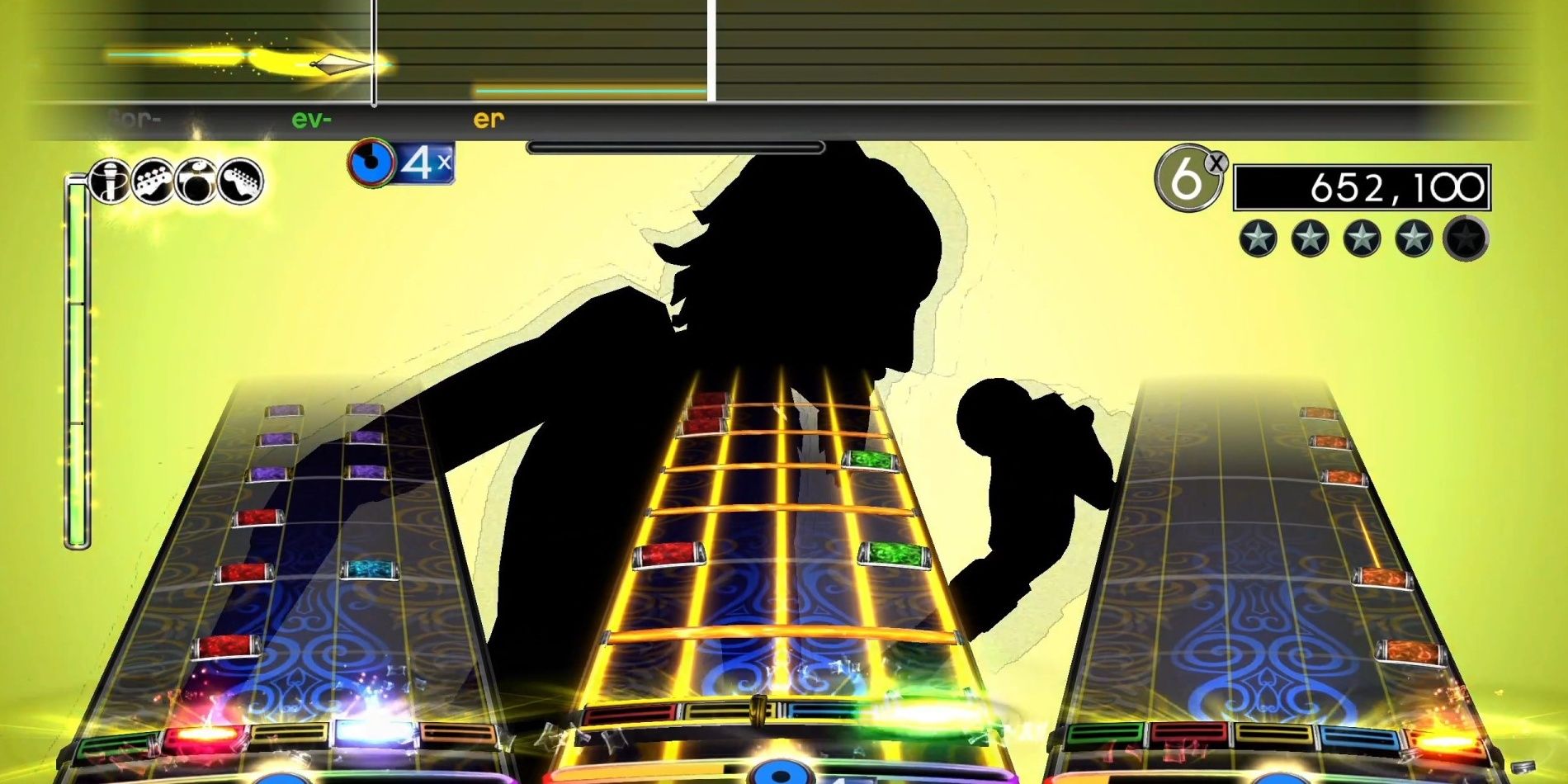 Rock Band 2 Deluxe full band silhouette singer on yellow background