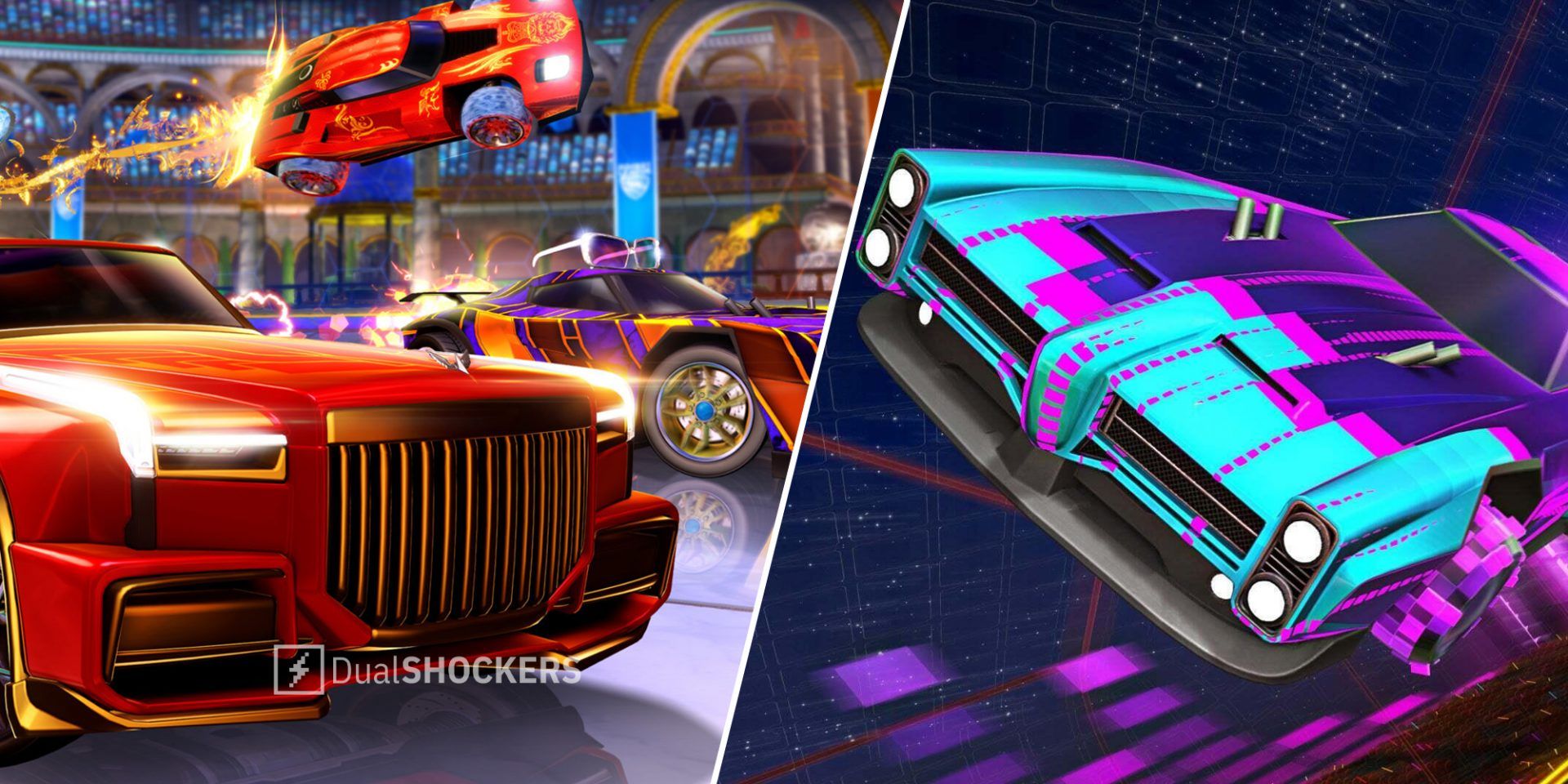Rocket League season 7 new cars on left, Rocket League car in the air on right