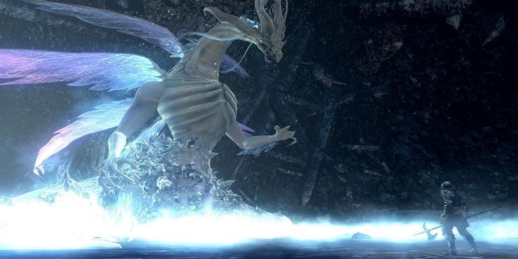 Seath the Scaleless Staring Down at Chosen Undead against a blackened arena wall in Dark Souls.