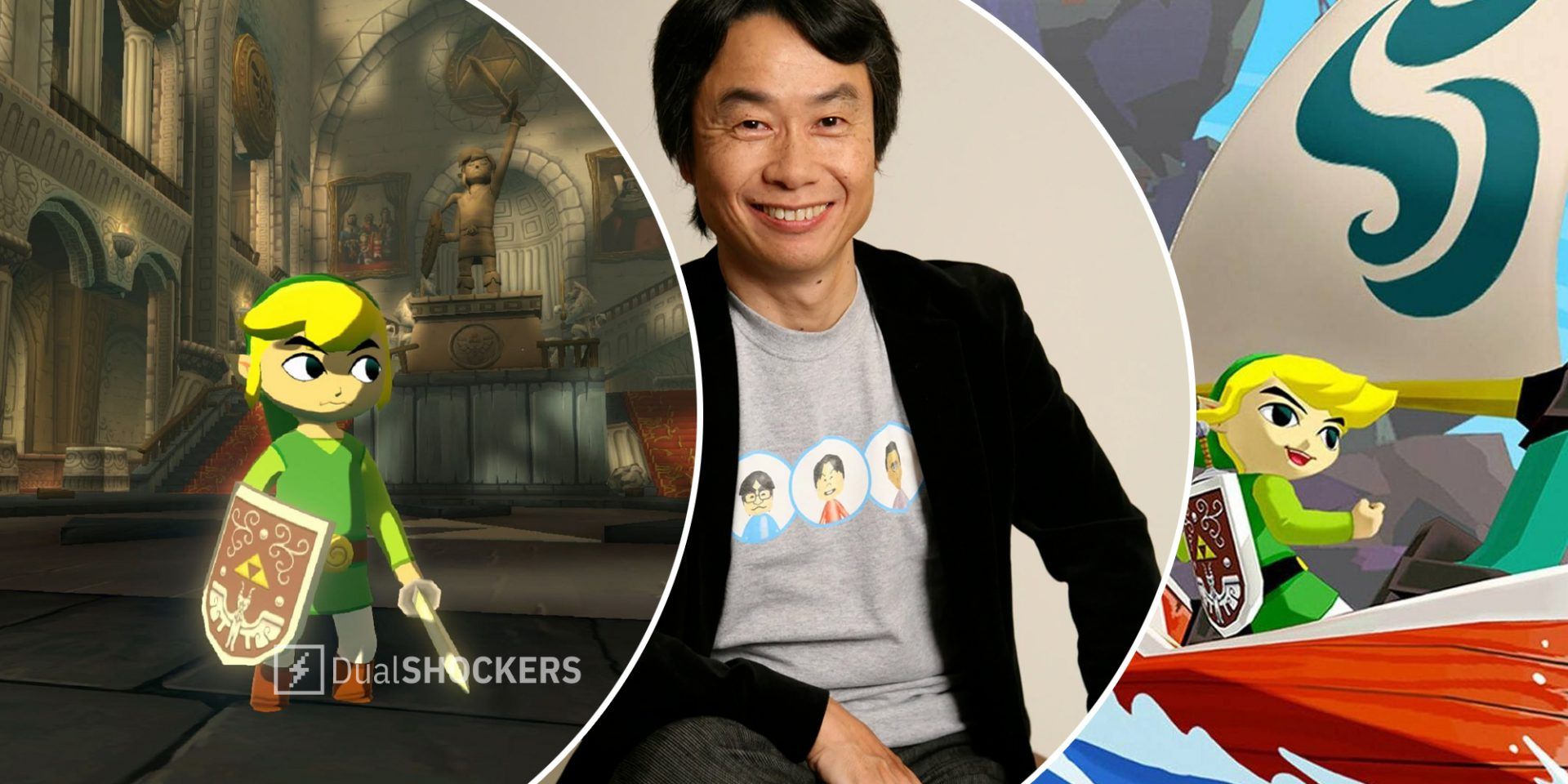 Legend of Zelda the Windwaker on left, Shigeru Miyamoto in middle, Link in ship on right