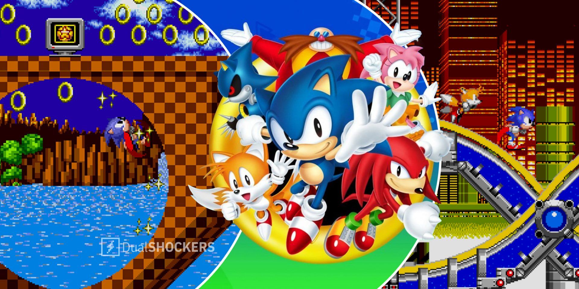 Sonic the Hedgehog classic screenshot on left, Sonic Origins promo image with characters in middle, Sonic gameplay on right